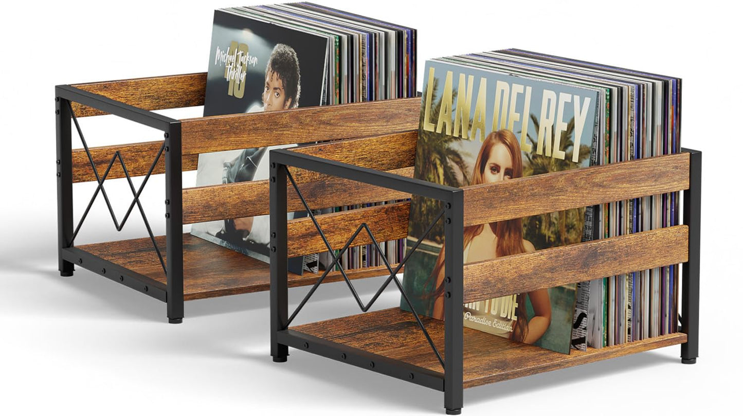 Y&M 2 Packs Vinyl Record Storage Crate, Wooden Storage Box, Classic Cube CD Albums Shelf Holder Organizer, Holds Up to 100+ Records, Magazine Rack for Desktop, Home, Office, Brown