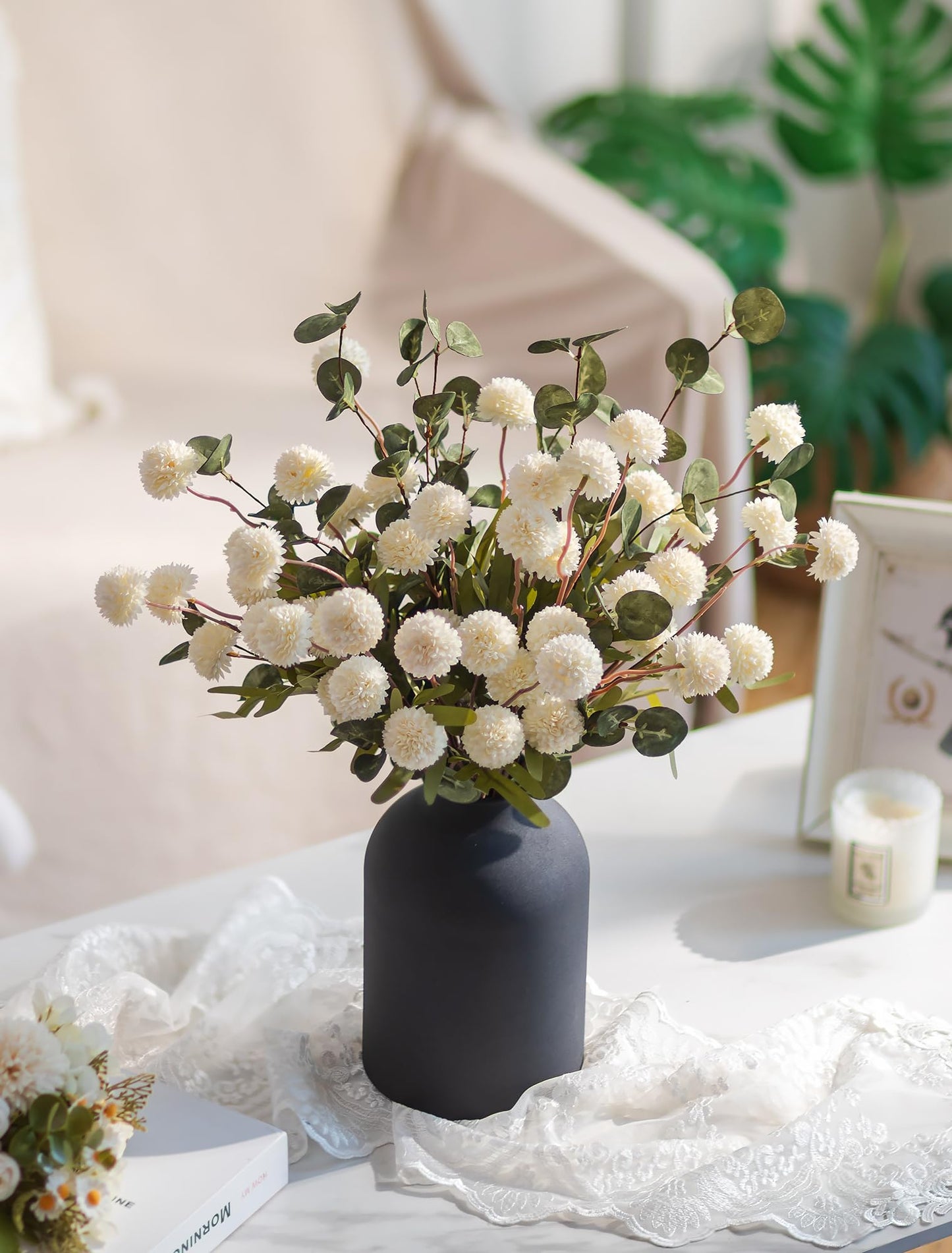 BLOSMON Fake Flowers in Vase for Centerpieces: Metal Vase with 12 Stems of Artificial Mums Kiku Flowers Eucalyptuses Dining Table Decor - White Faux Silk Pom Poms Floral Arrangements for Home Indoor
