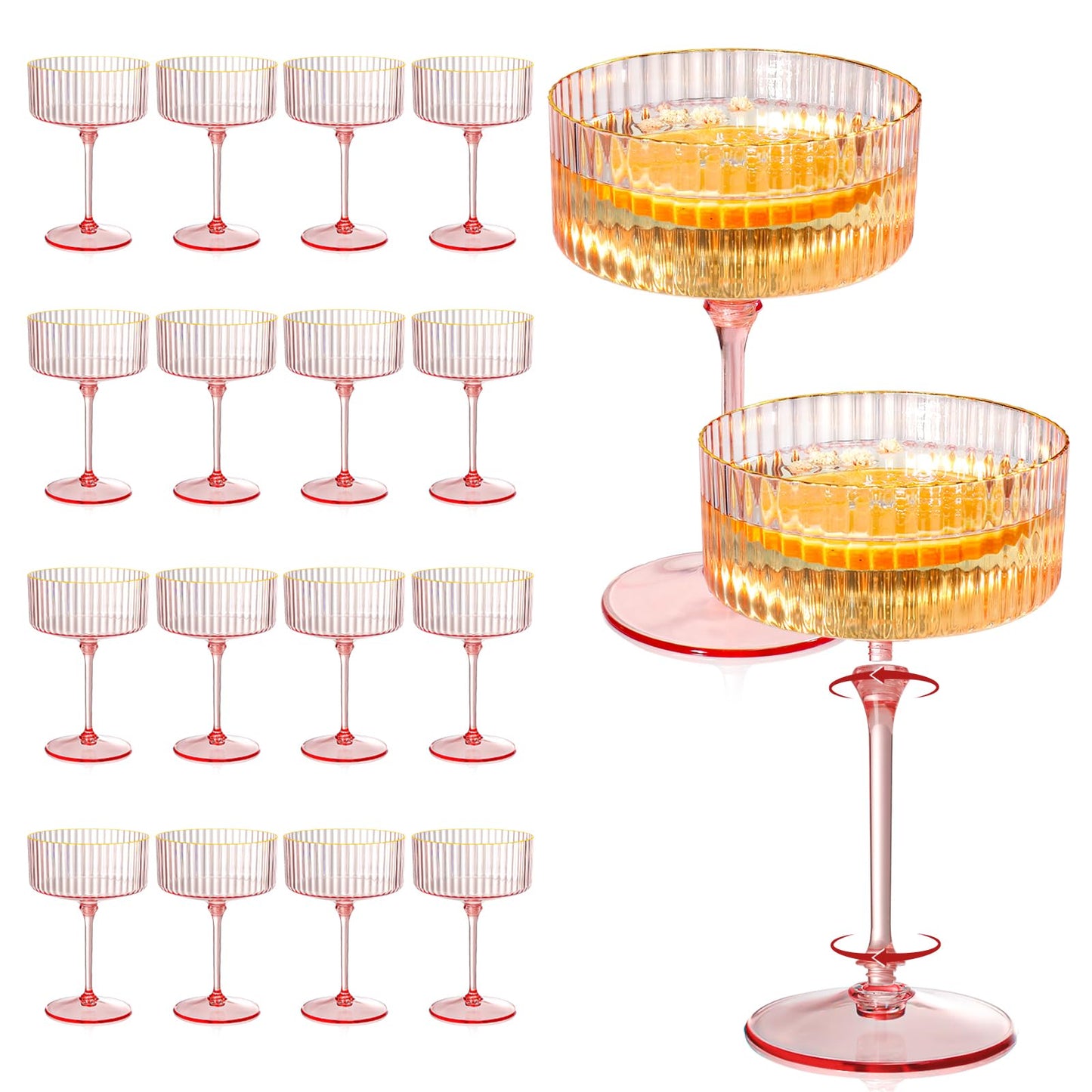 XUWAIDSGN 24 Pcs Champagne Martini Glasses 9 Oz with Gilded Removable Gold Rim Coupe Glasses Pink Martini Glasses Plastic Mimosa Vintage Coupe Glasses Set For Wedding Anniversary (24, Ribbed Pink)