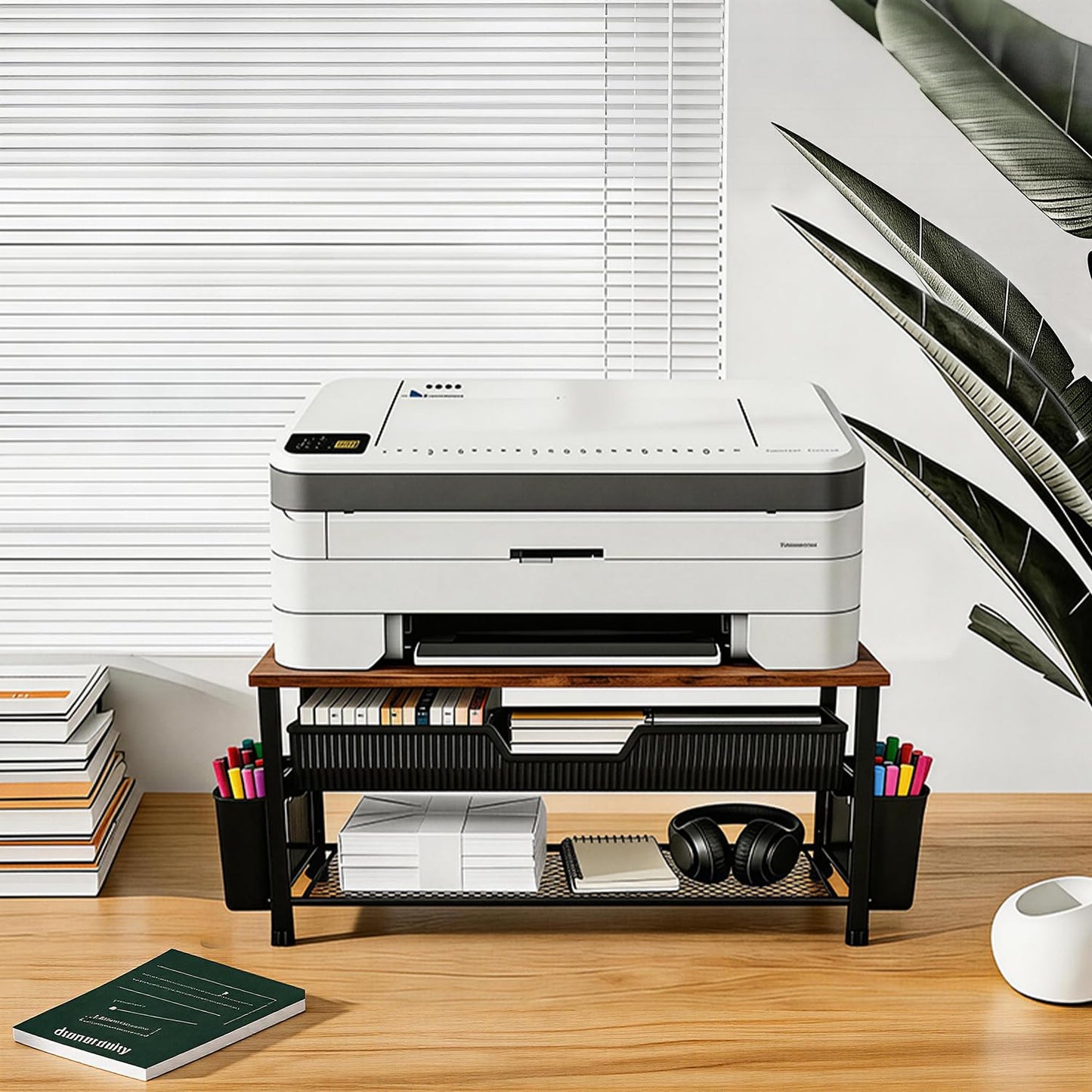 Gugsey Printer Stand for Desk, Desk Organizer with Storage, Desktop Printer Table for Home Office, Multi-Purpose Shelves for Home Printer, Fax Machine, Scanner, Die-Cut Machine (Brown)
