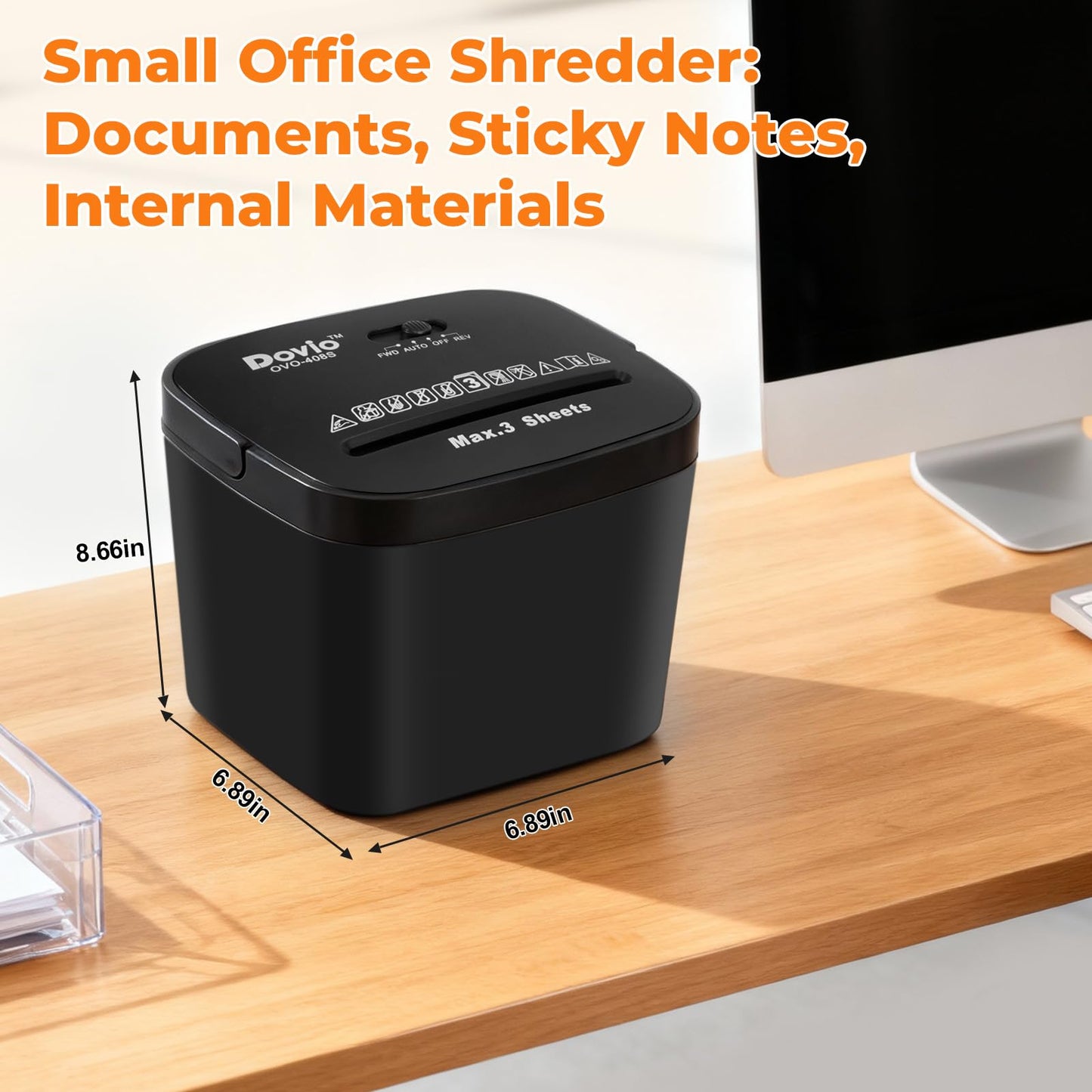 Dovio OVO-408S Cross Cut Mini Paper Shredder, Auto Start/Stop, 3-Sheet Capacity, Quiet <65dB for Home Office, with 4L Bin & Motor Reverse