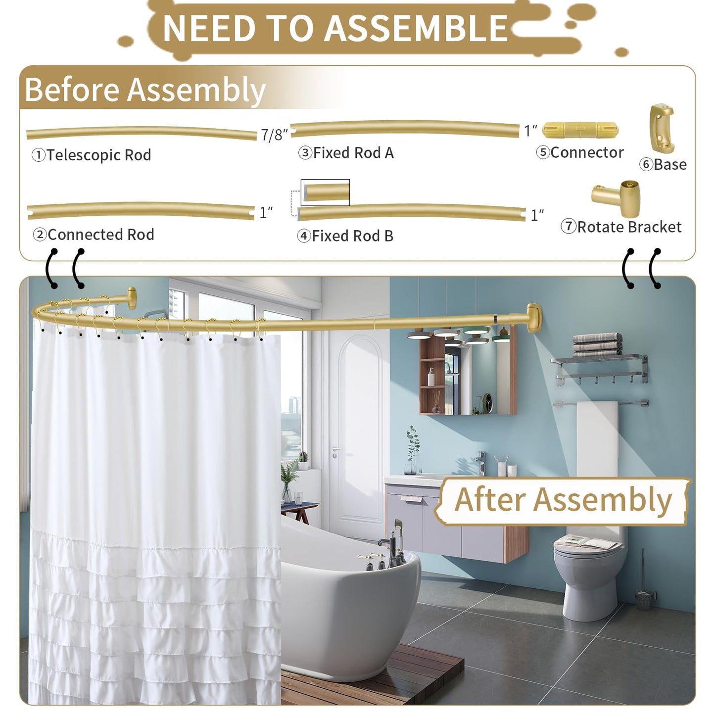 YNL Curved Shower Curtain Rod 35-82In(2.9-6.8Ft), Gold Round Rustproof Shower Rod for Bathroom Bathtub, Adjustable Arched Shower Curtain Rod, Never Rust|Extra Space|Non-Slip|Expandable|Need to Drill.