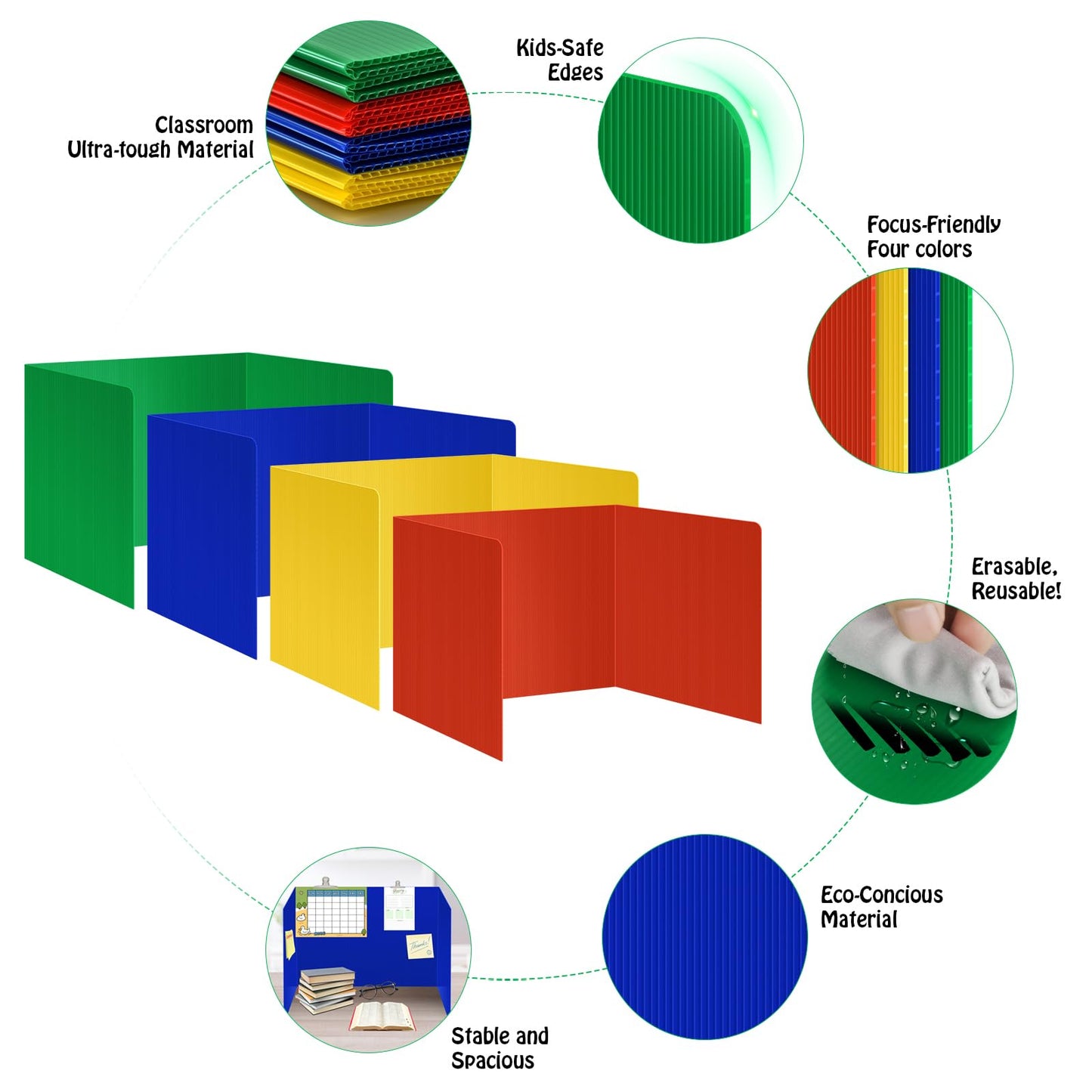 24 Pack Colorful Privacy Floders for Student Desks - Durable Plastic Erasable - Testing Dividers for Classroom - Easy Clean Privacy Shields for Student Testing Desk dividers- Includes Extra Labels