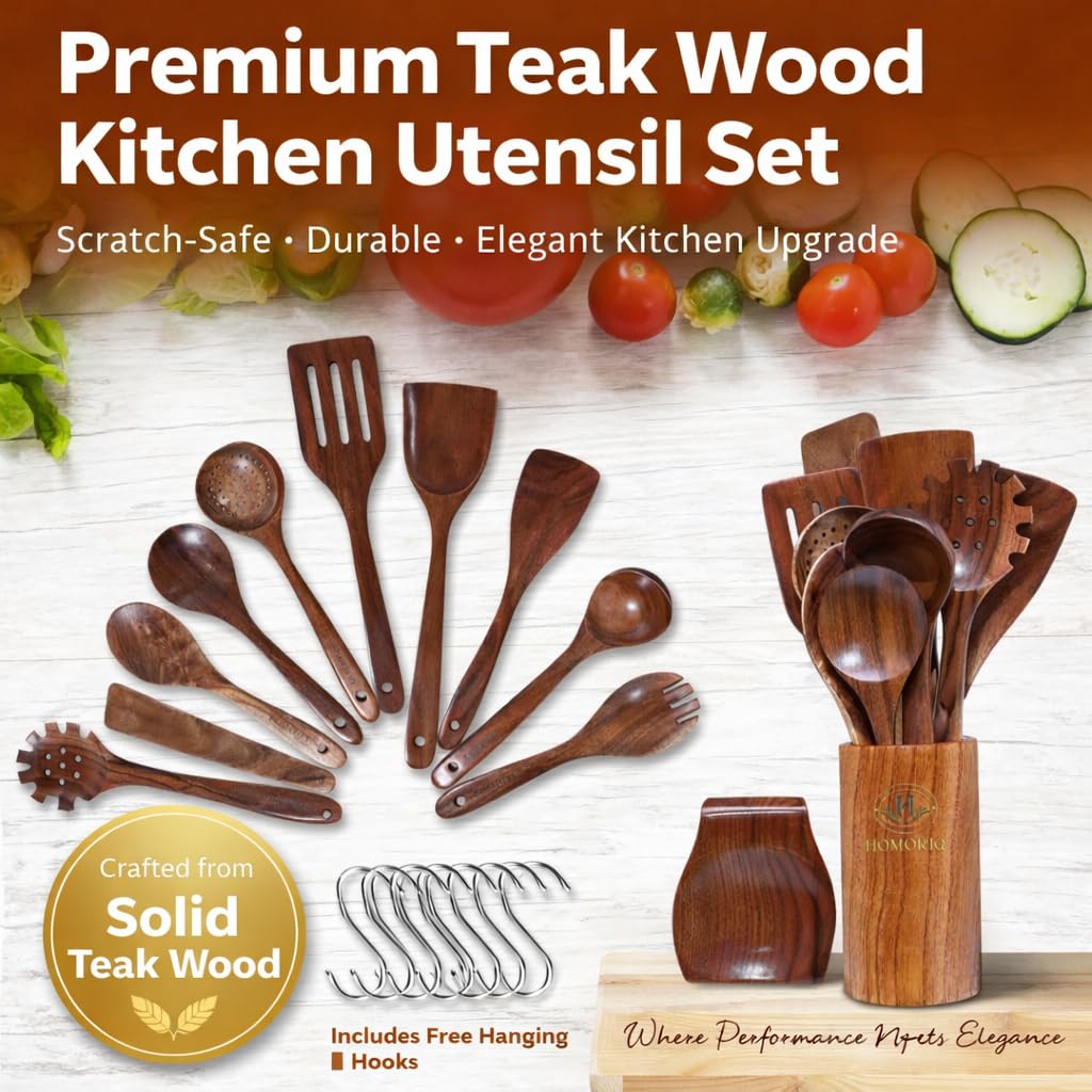 12-Piece Premium Teak Wooden Cooking Utensils Set – Heat-Resistant Spoons & Spatulas with Holder and Spoon Rest | Non-Stick Safe, Lightweight Natural Wood Kitchen Tools