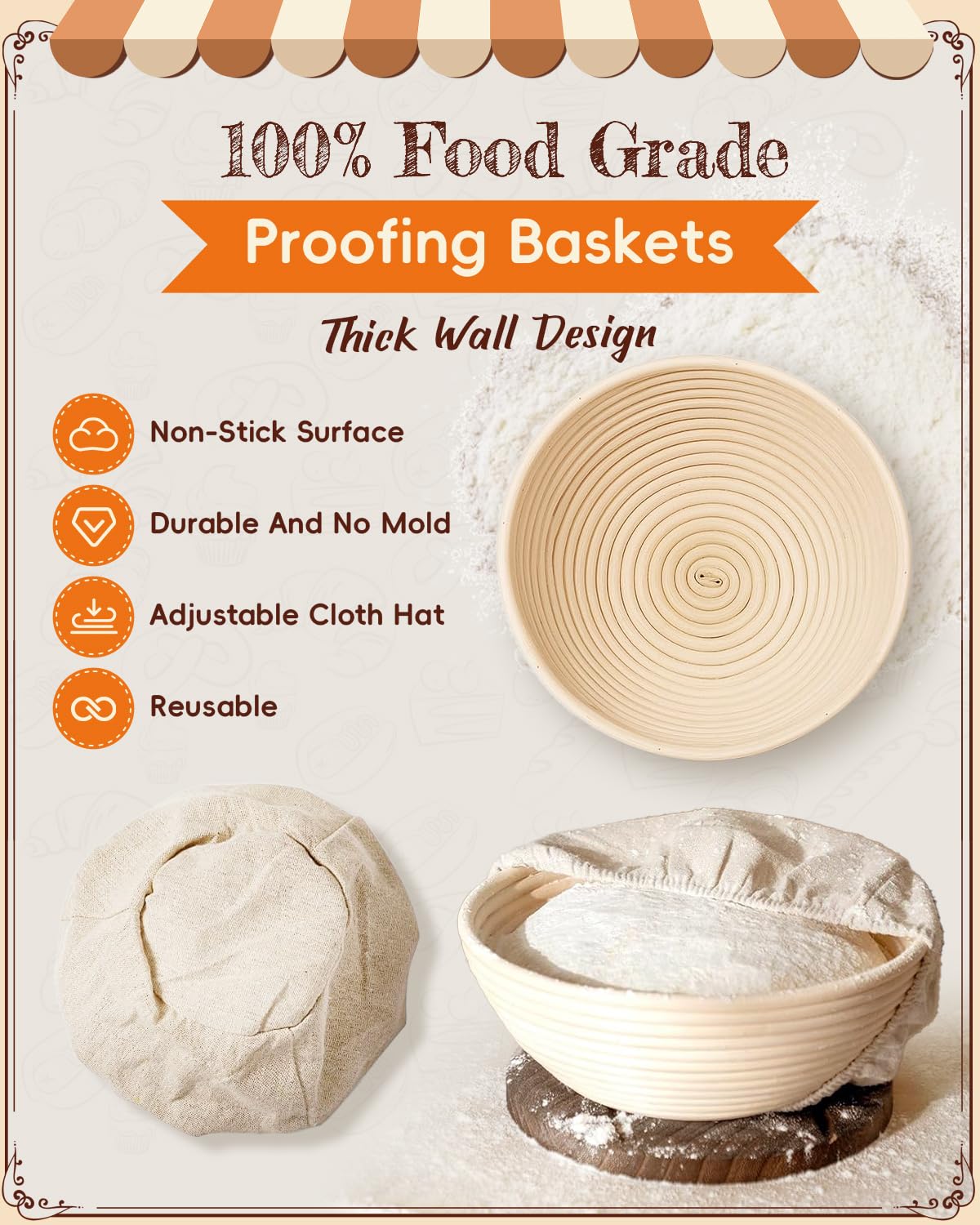 RYMTOX Complete Sourdough Starter Kit with Manual | Easy to Clean for Beginners | Sourdough Bread Baking Supplies with Round Bread Proofing Basket, Bread Sling, Starter Jar, Dough Whisk, Scrapers, Bag