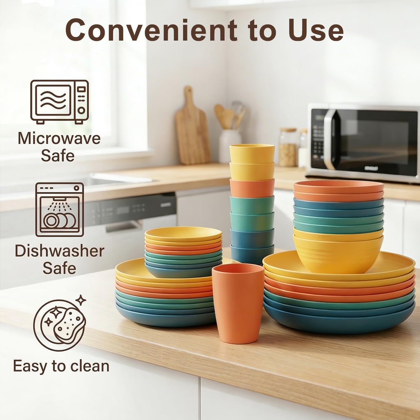 BUSOKIP Wheat Straw Dinnerware Sets 40 Piece, Kitchen Plates and Bowls Set, Unbreakable Dishes Set for 8, Microwave and Dishwahser Safe Dishware Sets for Home, Camping, RV, Party - Multi