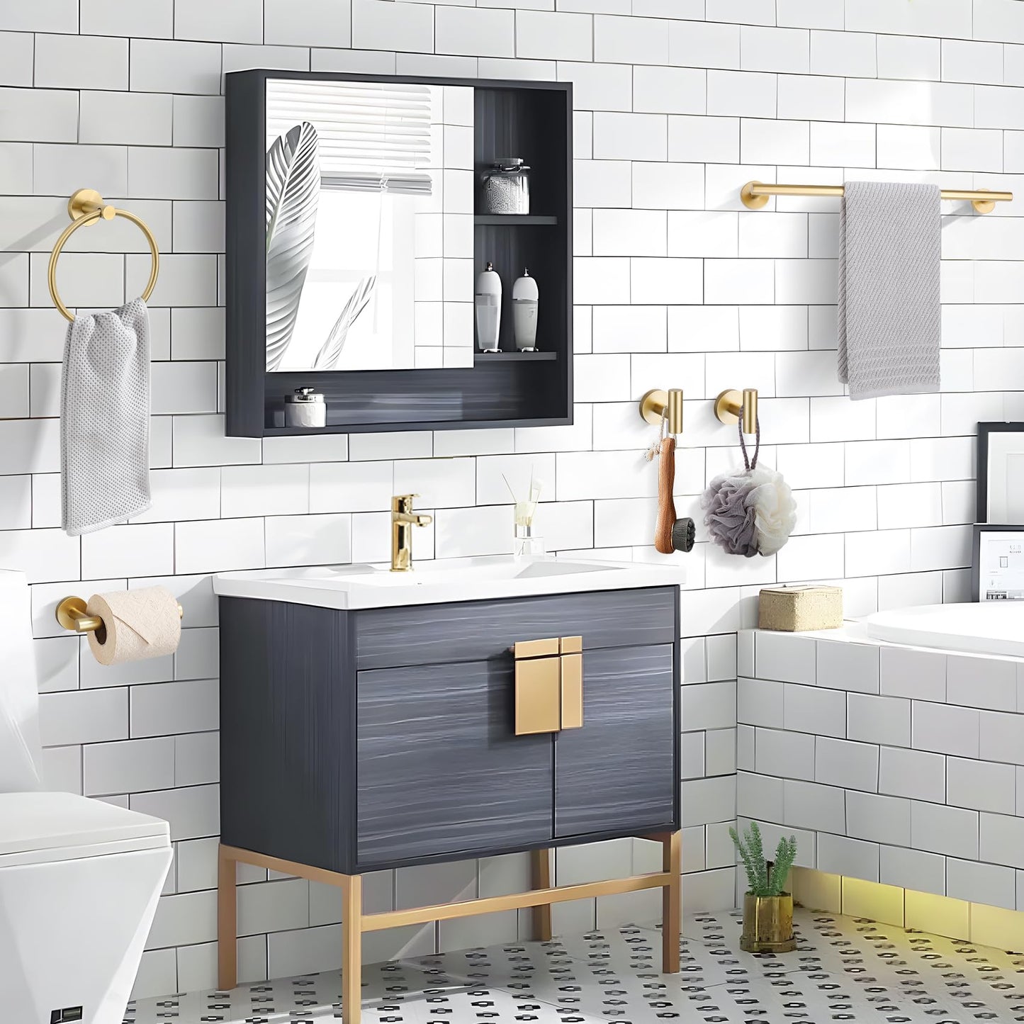 Lairuier 5 Pieces Brushed Gold Bathroom Accessories Set, 23.6 Inch Bath Towel Bar Set, SUS304 Stainless Steel Bathroom Hardware Set Round Toilet Paper Holder Set Wall Mounted