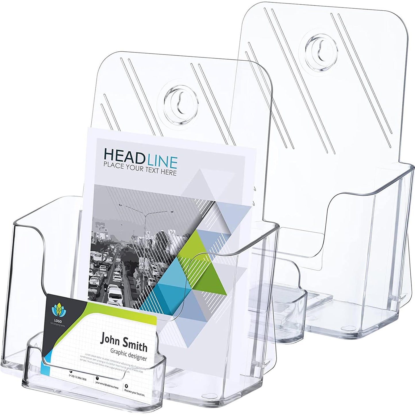 Remerry 8 Set 6.5 Inch Acrylic Brochure Holder with Business Card Pocket, Wide Bifold Clear Brochure Display Stand Flyer Holder for Pamphlet Literature Magazine Booklet, Desk or Wall Mount Display