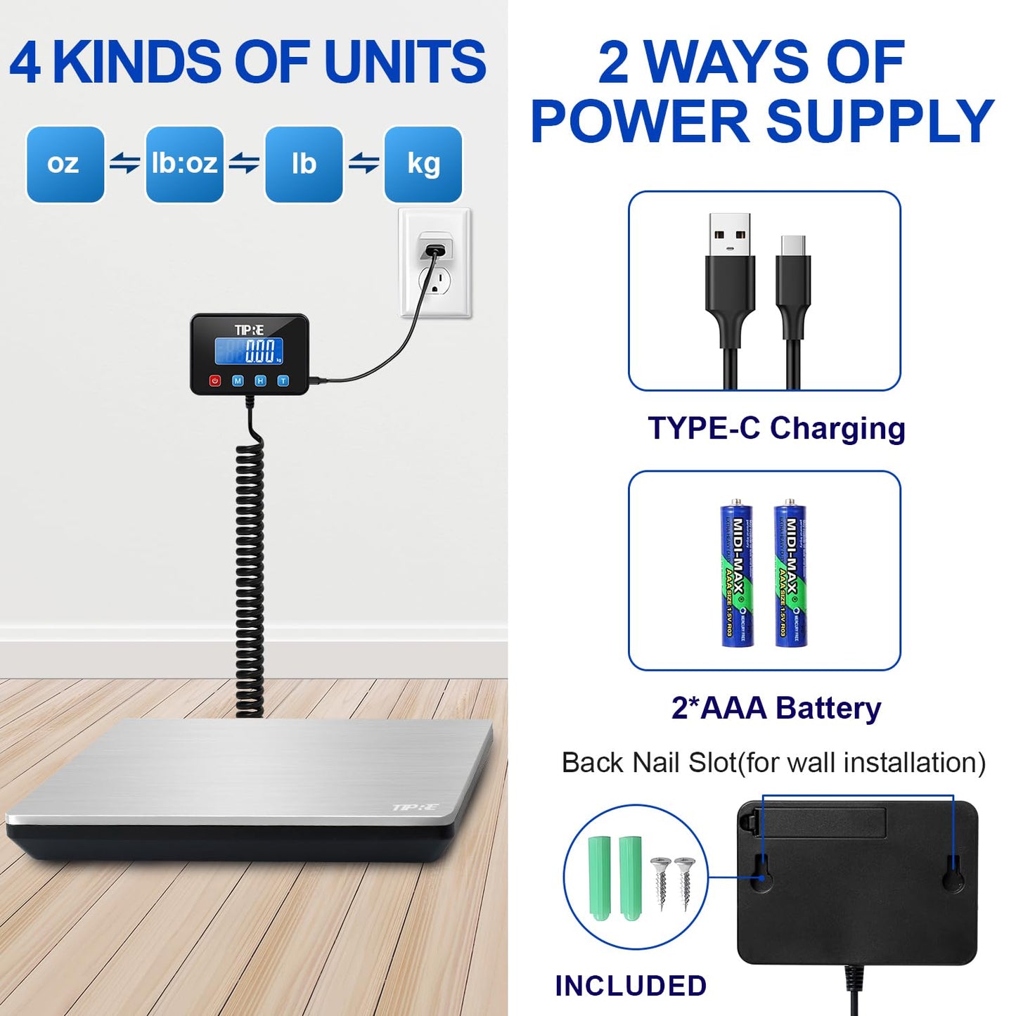 TIPRE Shipping Scale 660lbs for Packages,Heavy Duty Digital Postal Express Scale,1 oz High Accuracy with Charging Cable & Batteries,Extra Large Stainless Steel for Small Business,Warehouse,Home