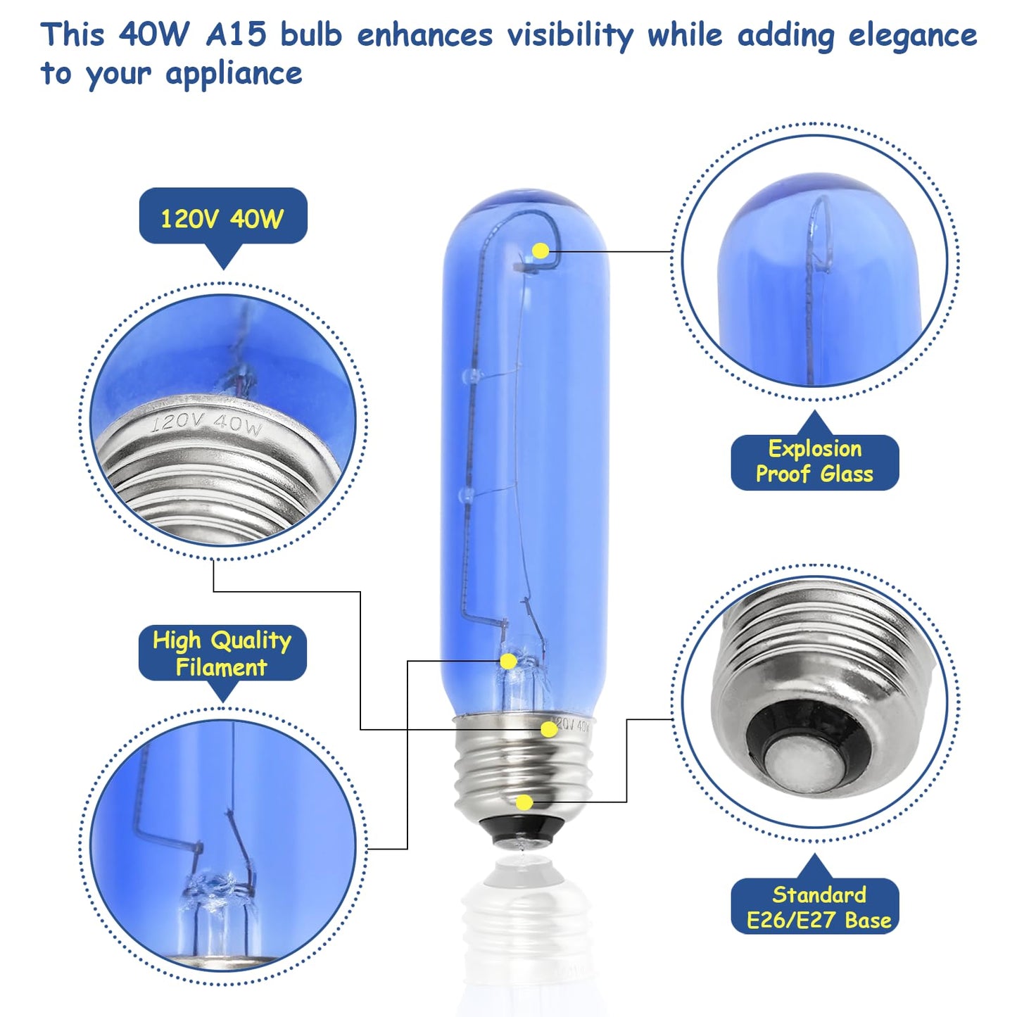 7006999 WLF7006999 Fits for Sub-Zero Compatible Blue Glass Refrigerator Light Bulb, E26 Base, 40W, A15 Shape For Replacement Light bulb 3030040 3030180 48709 7009935 110V-130V ﻿ (4 packs)