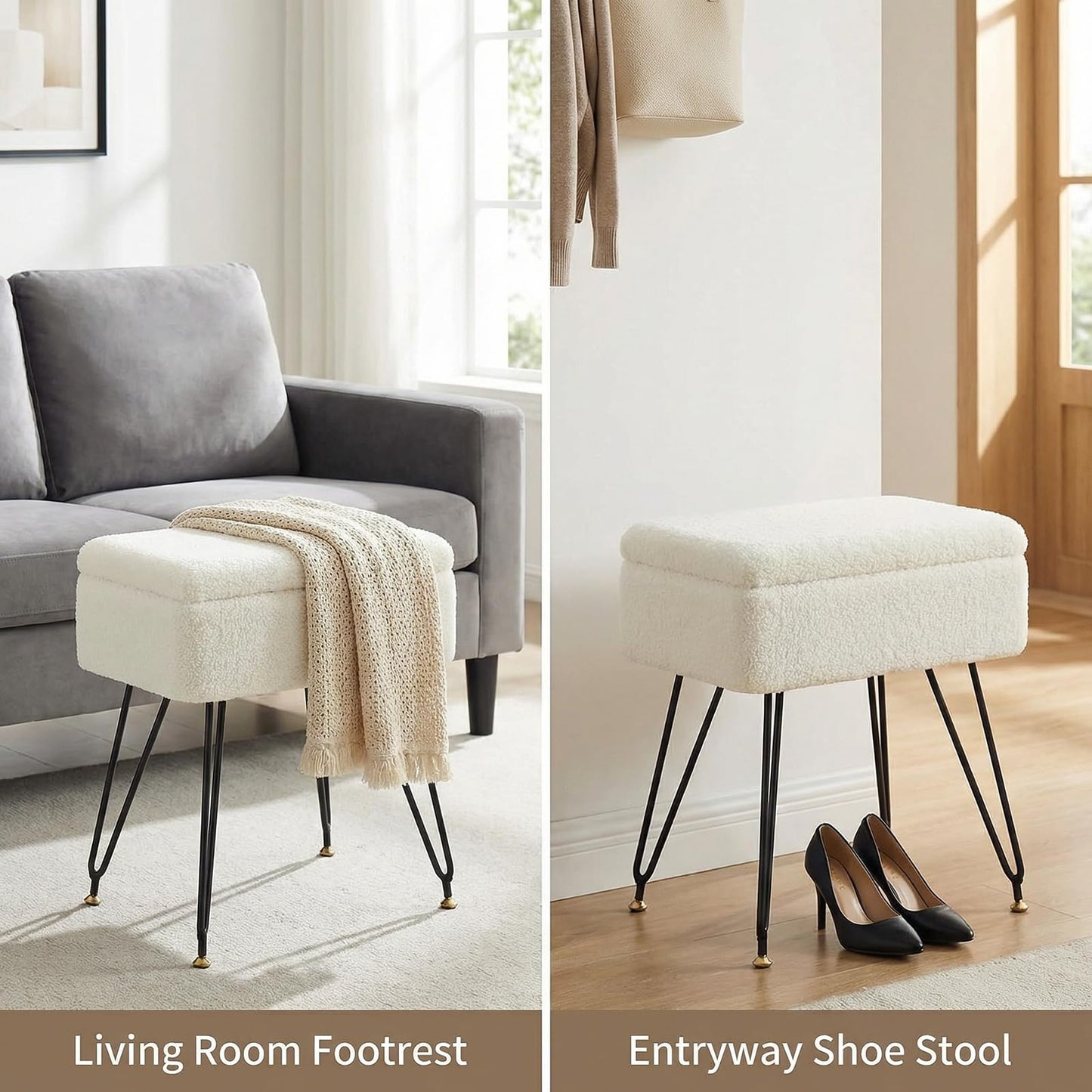 Leesingdo Vanity Stool Chair, Faux Teddy Fur Ottoman Foot Stool with Metal Legs & Adjustable Black Feet, Flip Top Storage Makeup Chair with Soft Padded Seat, Foot Rest for Makeup Room Bedroom, White