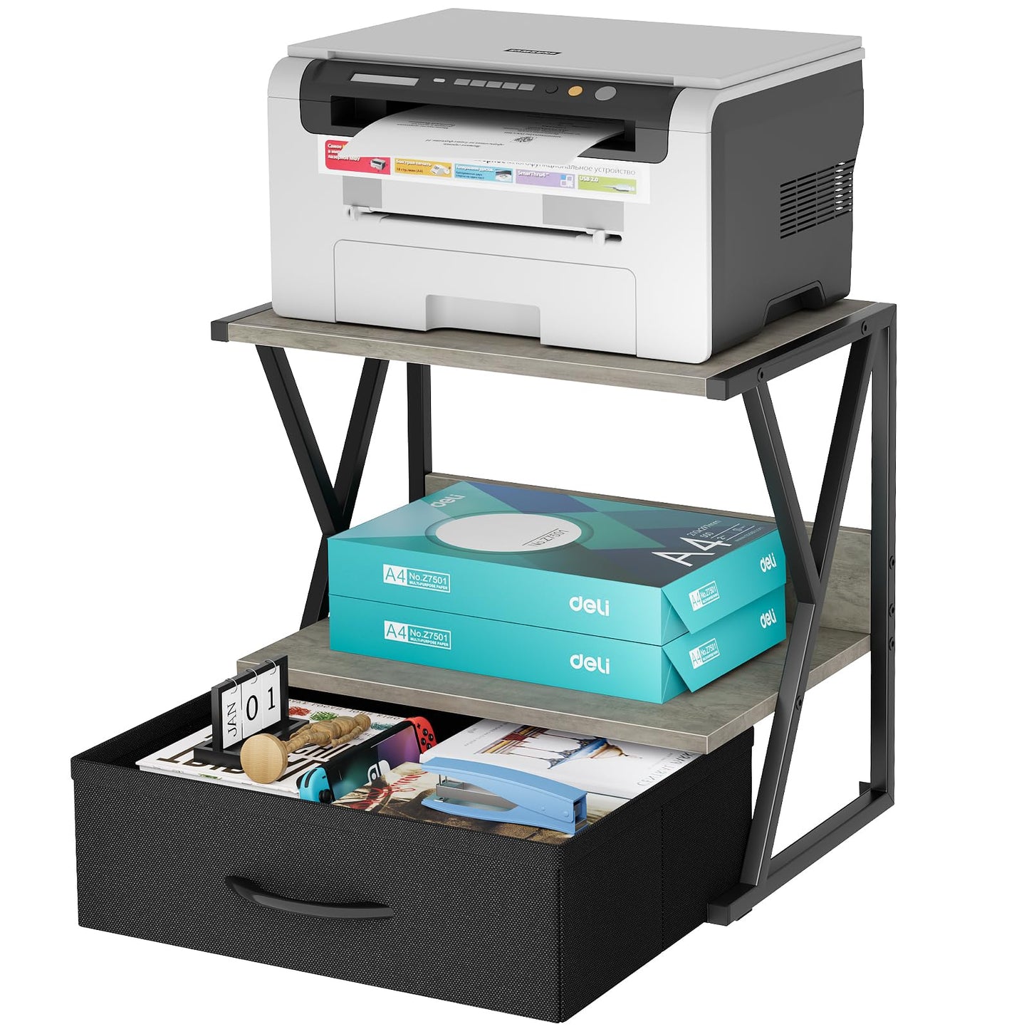 aboxoo Printer Stand for Desk with Storage Drawer, 2 Tier Desktop Or Under Desk Shelf, Multi-Purpose Desks Organizer for Home Office, fit Fax Machine/3D Printer/Scanner, Grey