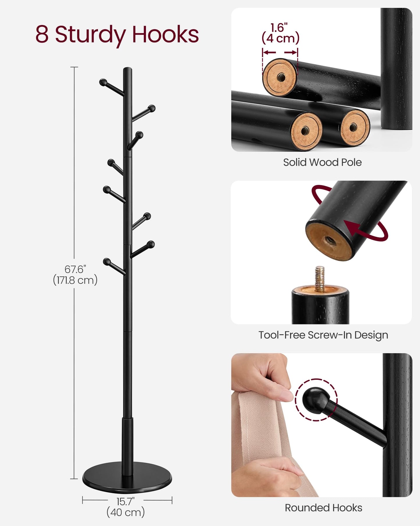 VASAGLE Solid Wood Coat Rack, Free Standing Hall Coat Tree with 8 Hooks, 3 Height Options, for Coats, Hats, Bags, Purses, for Entryway, Hallway, Rubberwood Hooks and Pole, Ink Black URCR007P33