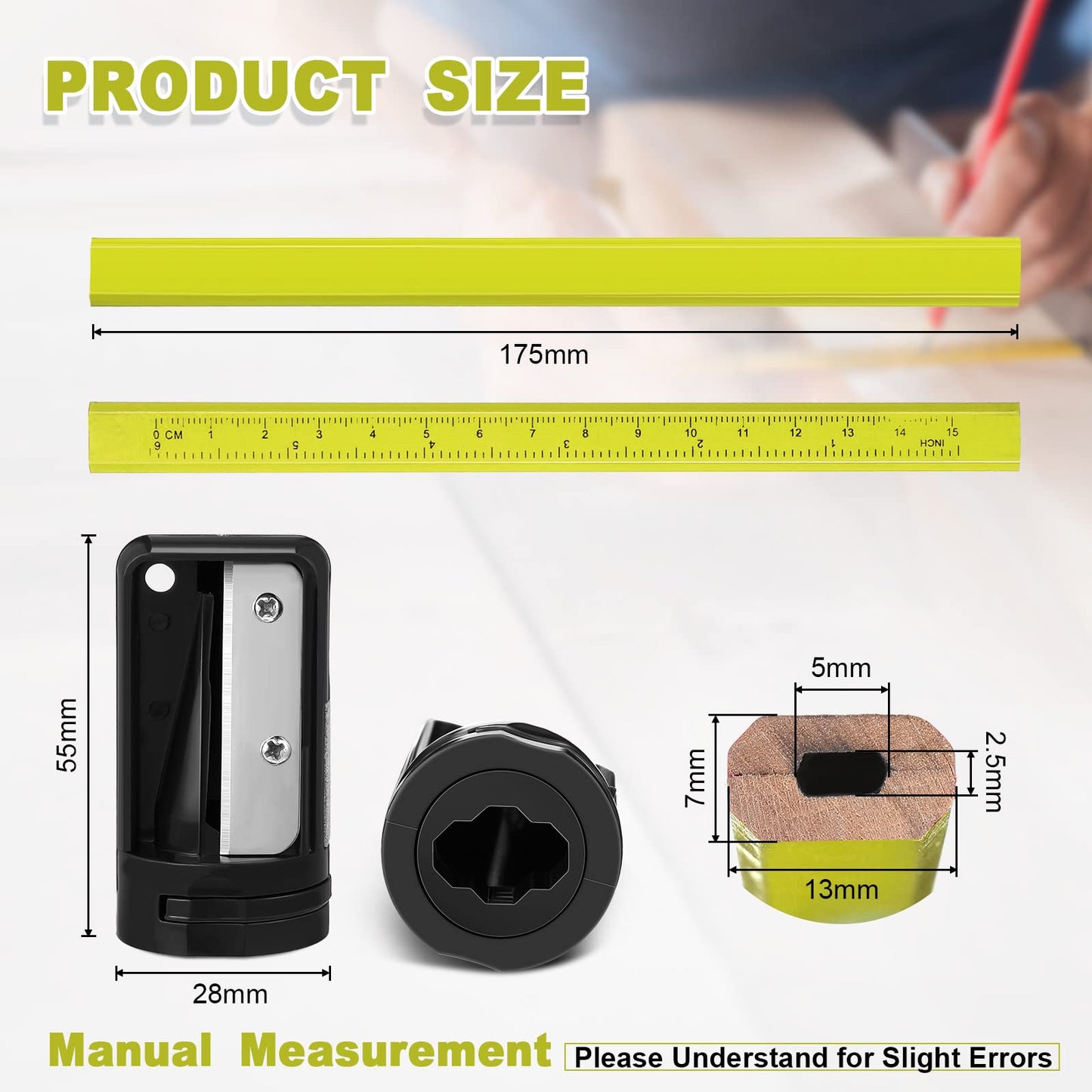 Honoson 200 Pcs Flat Construction Pencils with Printed Ruler Wood Graphite 2 Pcs Carpenter Pencil Sharpener for Woodworking Marking Tool(Yellow)