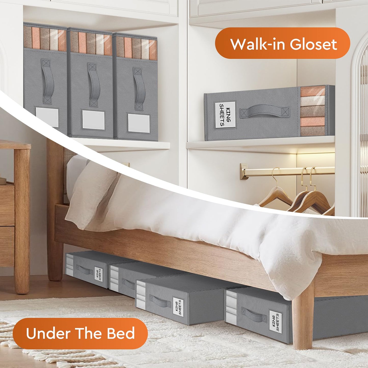 StorageTastic 8 Pack Bed Sheet Closet Organizers and Storage,Sturdy Foldable Storage Containers with Window and Label,Storage and Organization for Bedding Sheets,Duvet Covers,Blankets (Grey)