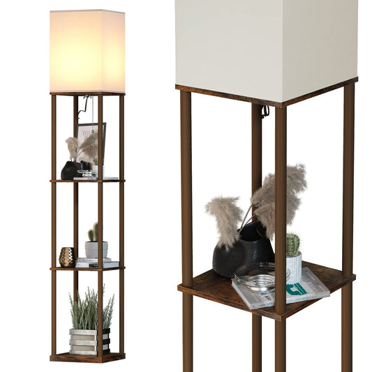 SUNMORY Floor Lamp with Shelves, Modern Square Standing Lamp with 3 Color Temperature Bulb, Corner Display Bookshelf Lamp for Living Room and Bedroom (Rustic Brown)