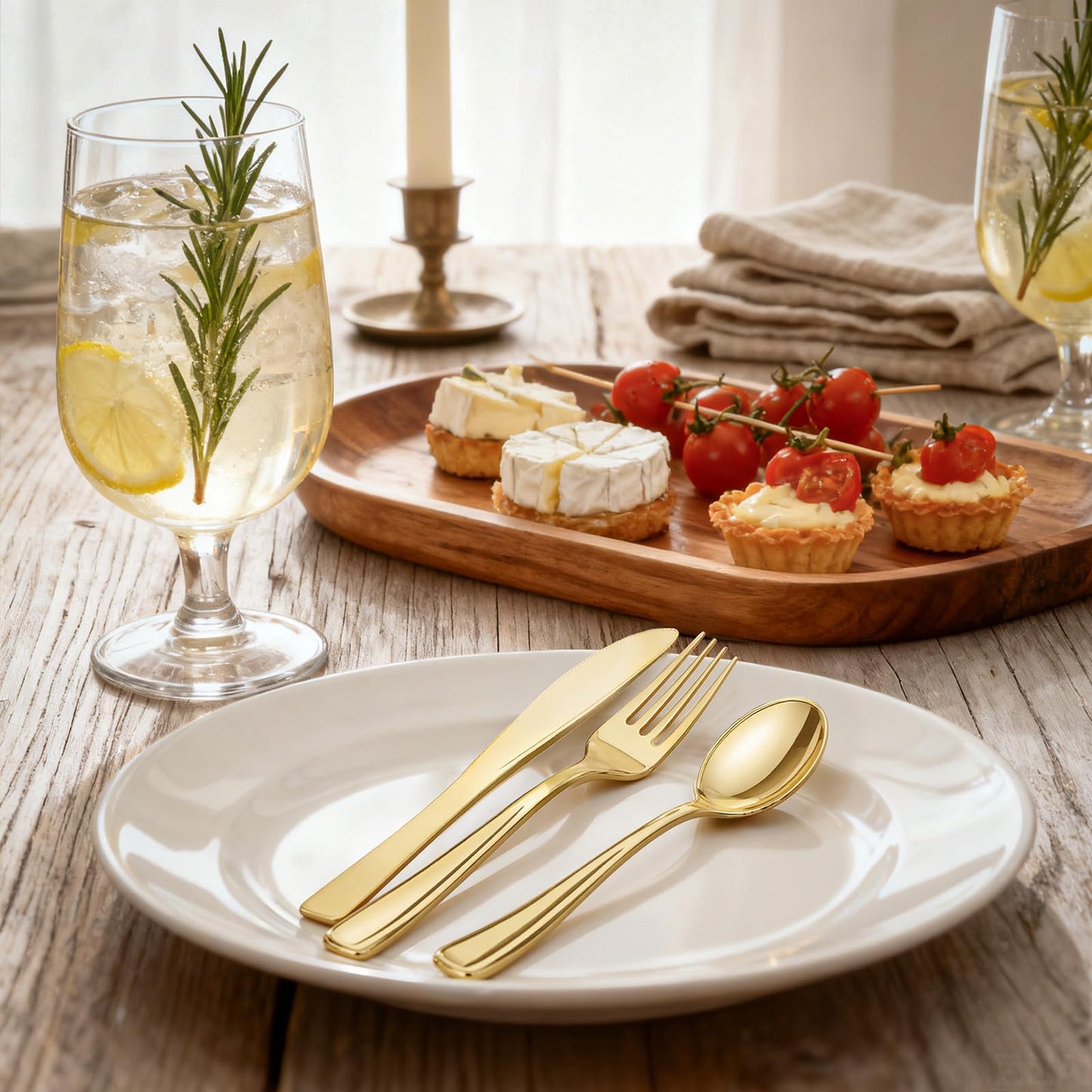 WDF 180 Pieces Disposable Plastic Gold Silverware Cutlery - Disposable Flatware Set 60 Forks, 60 Knives and 60 Spoons - Heavy Duty Gold Plastic Cutlery - Utensils for Baby Shower Wedding Spring