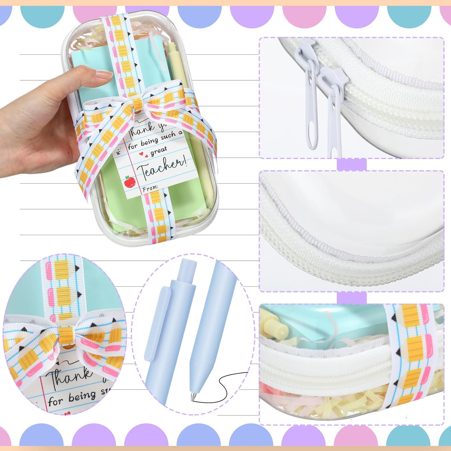 Motiskyy 6 Sets/75 Pcs End of Year Teacher Gifts Bulk Set Clear Hard Case Zipper Pouch Pastel Ballpoint Pens & Sticky Notes Pink and Yellow Raffia Adorable Printed Pencil Ribbons with Thank You Cards