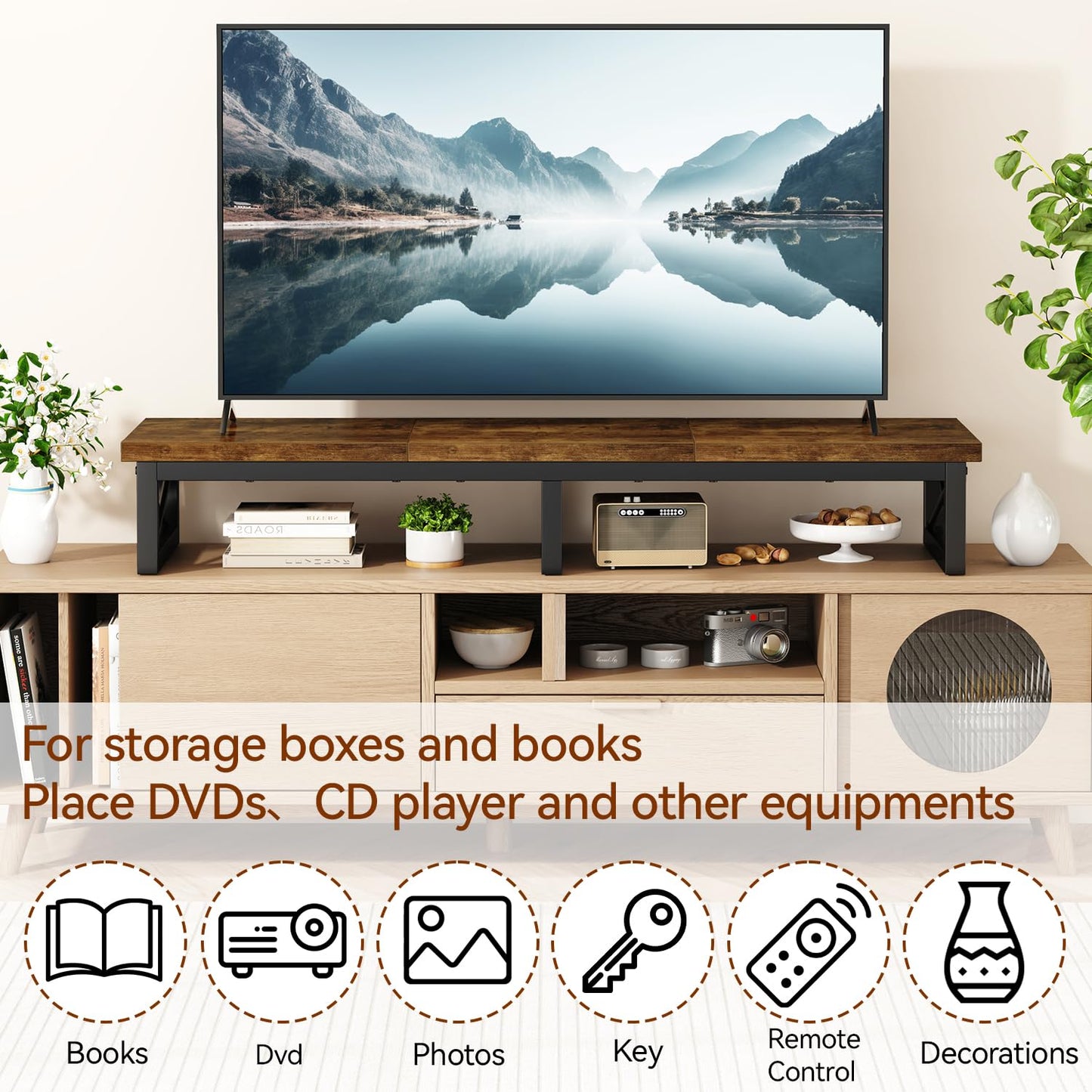 IBUYKE 45" Large TV Riser for 32-60 inch TV,Tabletop Short TV Stand with Storage and Steel Legs,Dual Screen Office Desk,Stand Riser,TV Riser Stand for Home,Bedroom,Living Room,Rustic Brown TVT002H