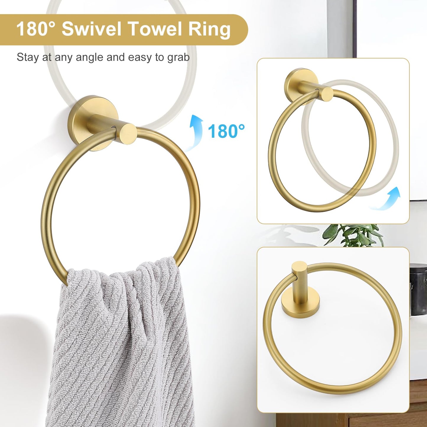 TQKAG 5 Piece Bathroom Accessories Set Brushed Gold Bathroom Hardware Set 23.6 Inch Bath Towel Bar Set SUS304 Stainless Steel Towel Rack Set