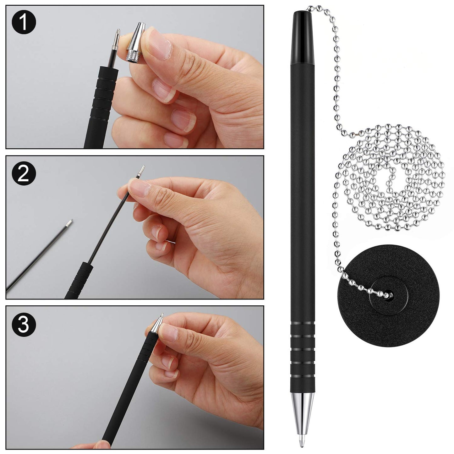 Security Pen Set with Bead Chain and Pen Holder, Desktop Pens with Chains, Blank Ink Refills for Office Bank Supplies, Black (64 Pieces)
