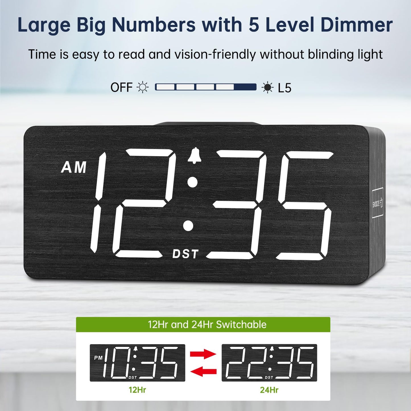 DreamSky Wooden Digital Alarm Clock with Wireless Charging for Bedroom, Bedside Nightstand Clock with Charger Station, USB Port, Large Numbers, Adjustable Volume, Brightness Dimmer, DST