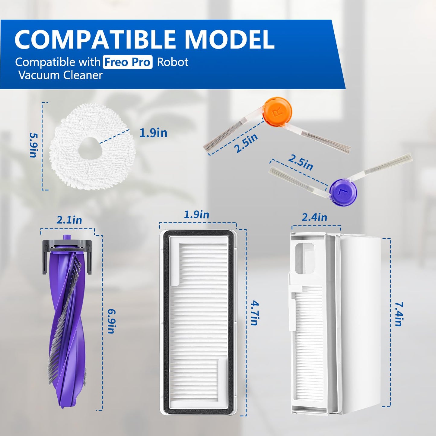 20 Pcs Replacement Vacuum Accessories kit Compatible with Narwal Freo Pro Robot Vacuum Cleaner, 2 Main Roller Brush, 2 Dust Bags, 4 HEPA Filters, 6 Mop Pads, 6 Side Brush 1 Clean Brush