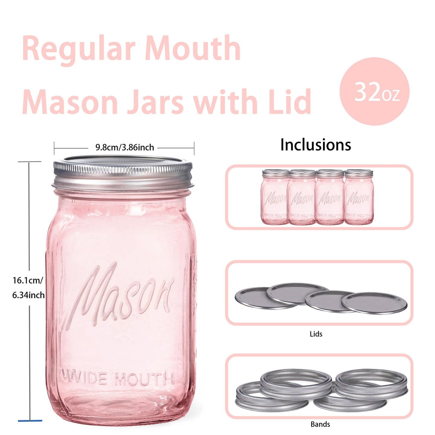 WELLIFE Pink Mason Jars 32 oz,6 Pack Wide Mouth Mason Jars for Safe Storage,Fermenting,Pickling,DIY,Crafts Decoration