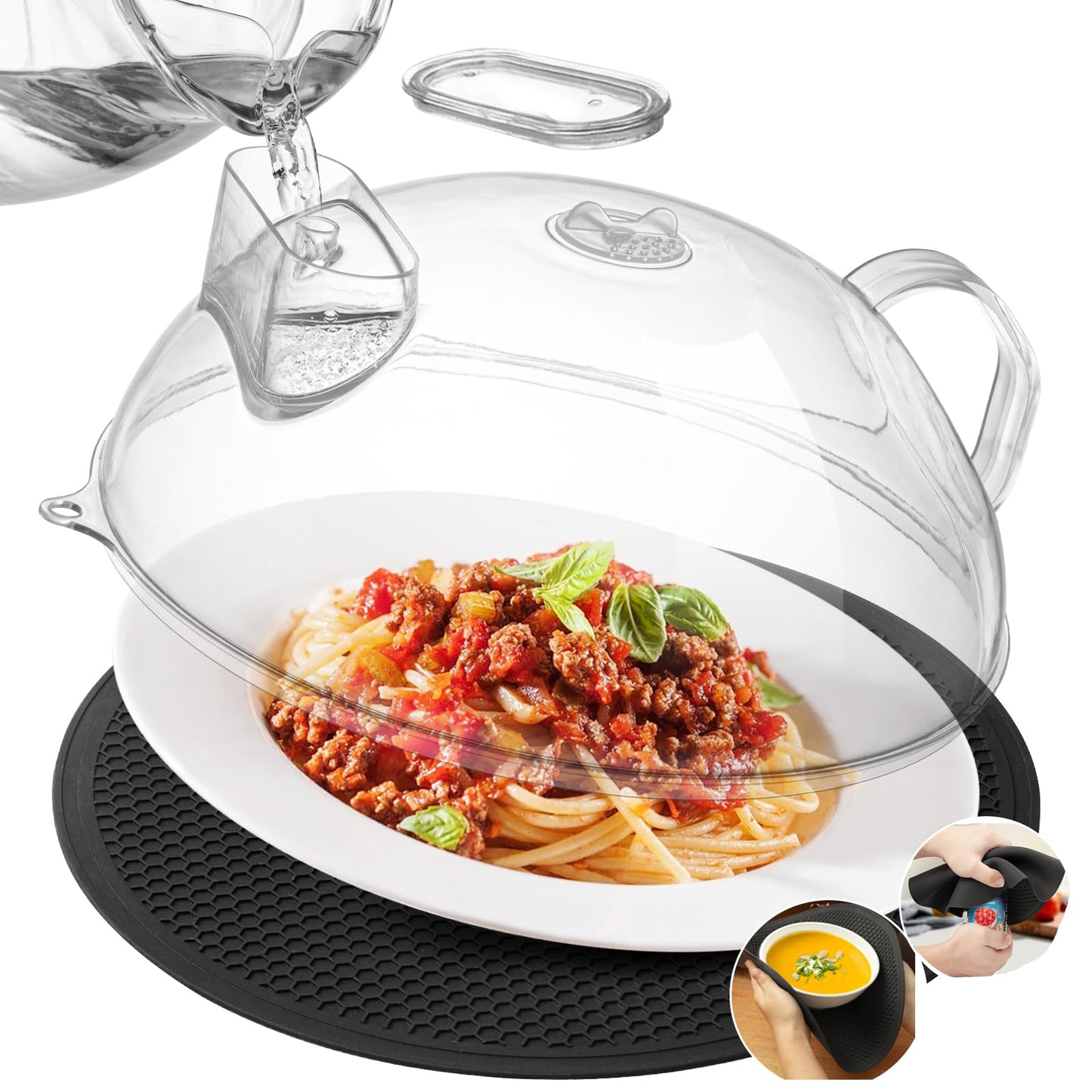 MAGJIUKE Microwave Splatter Cover for Food, Clear Microwave Lid with Water Steamer, Integrated Handle, Splatter Guard, 10” Plate Covers & 12" Mat, BPA-Free, Essential Kitchen Gadgets and Accessories