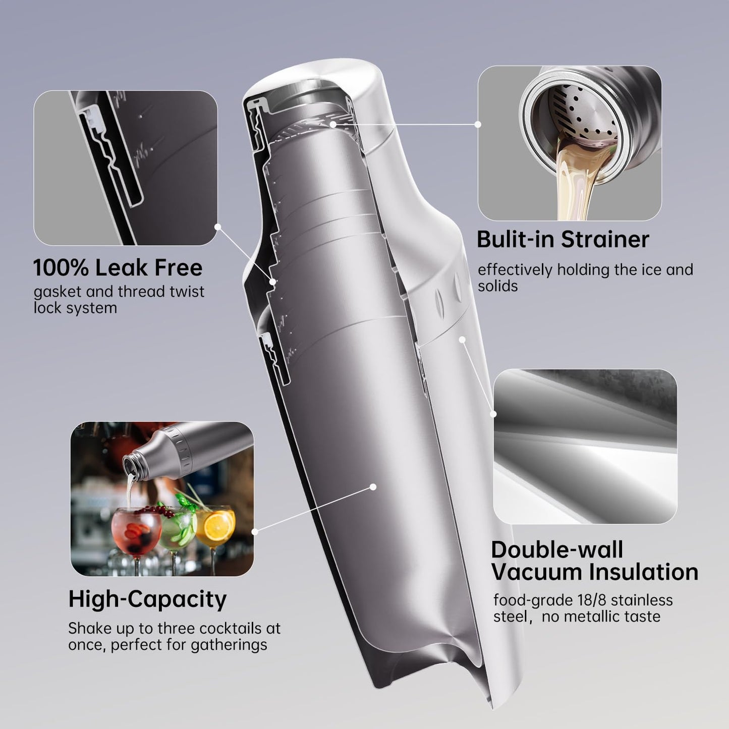 Magcheer Hybrid Cocktail Shaker Set | Vacuum Insulated Stainless Steel Martini Shaker with Strainer & Jigger Lid | Travel Cocktail kit with Bartender Accessory Tools | 30oz | Silver