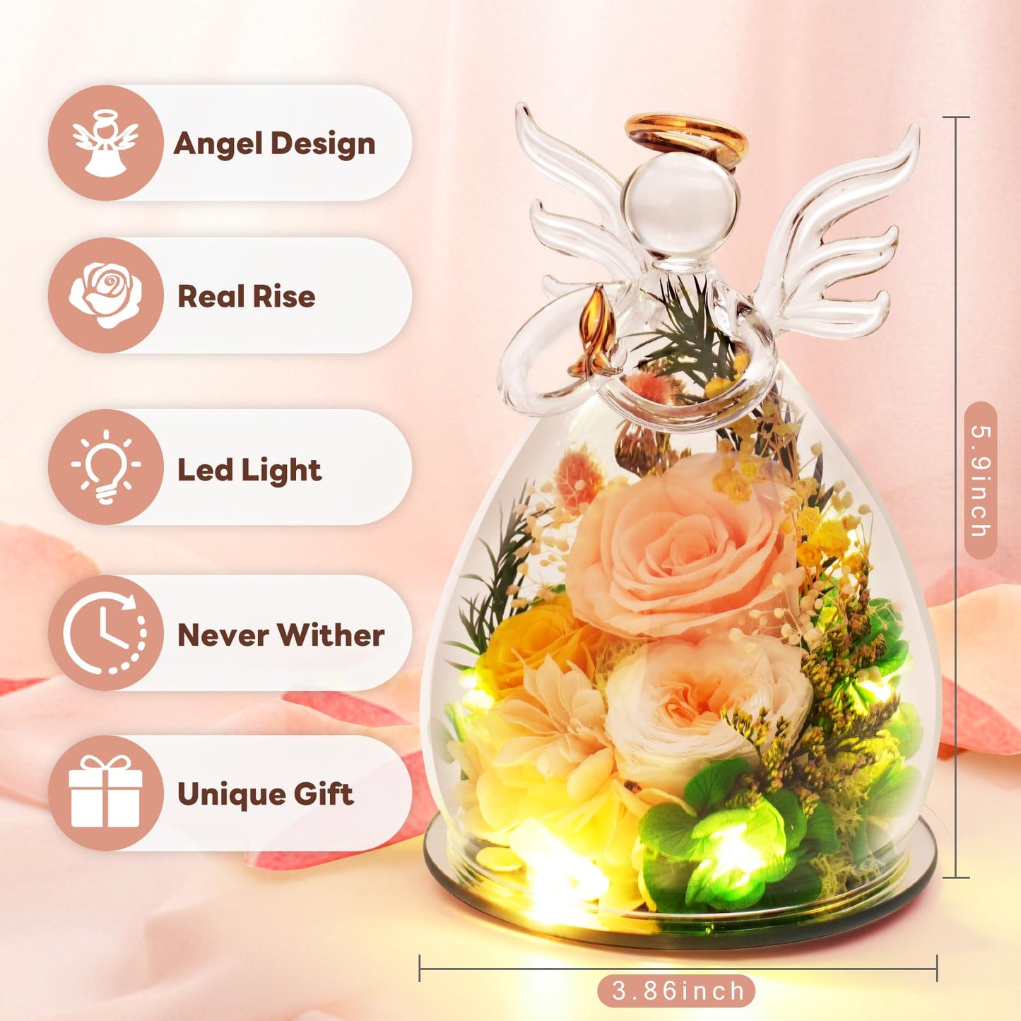 Kemiputi Gifts for Mom Birthday Gifts for Women, Preserved Rose in Glass Angel Figurines, Forever Flowers for Delivery, Anniversary Real Rose Gift for Grandma Wife Her from Daughter