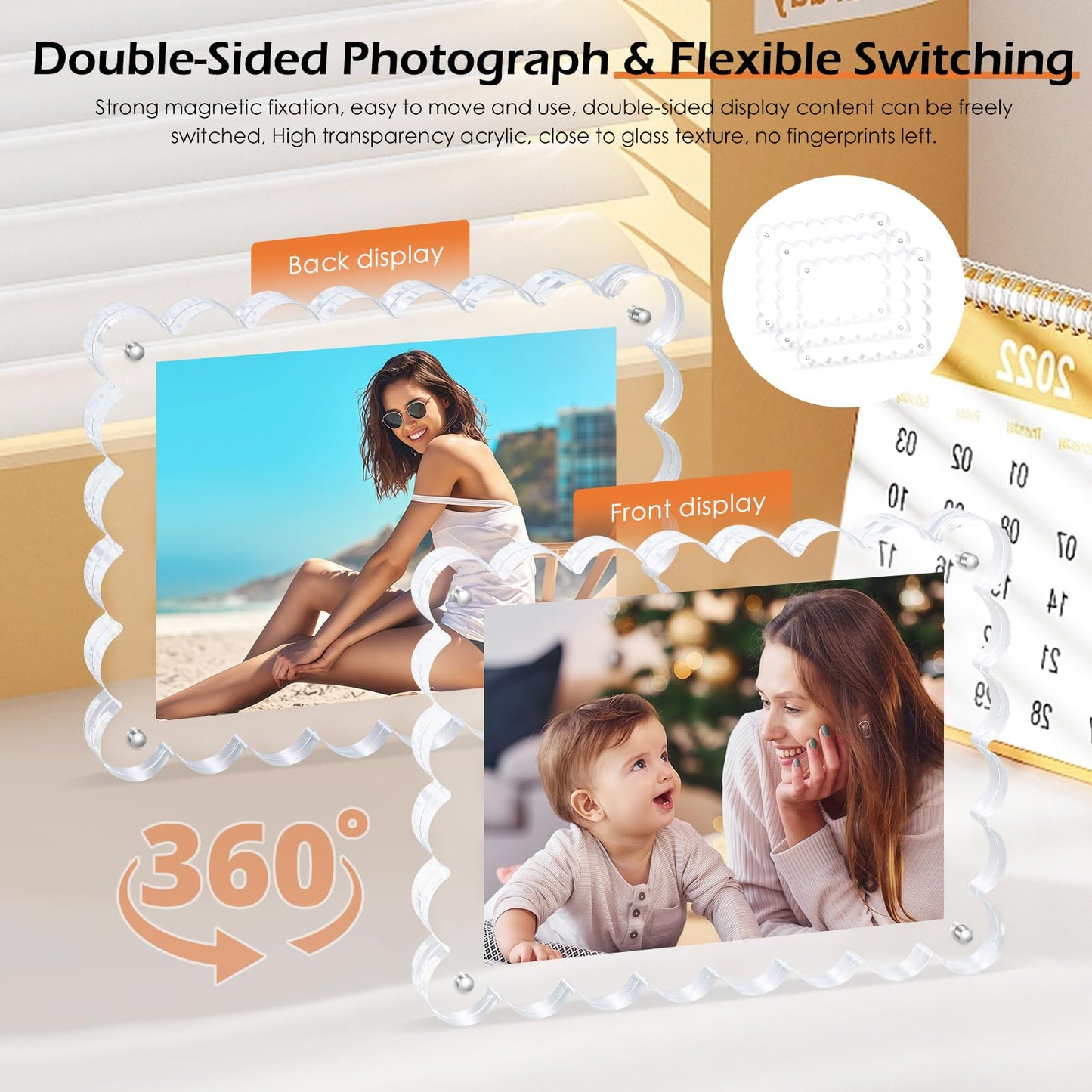 Magnetic Photo Frame 6×8Inch -3Pack Acrylic Scalloped Glass Frames, 12+12mm Thick Double-Sided Design, Clear Picture Frame with Thick Block | Trendy Home Gift Set Stylish Acrylic Frames (3Pack, 6×8)