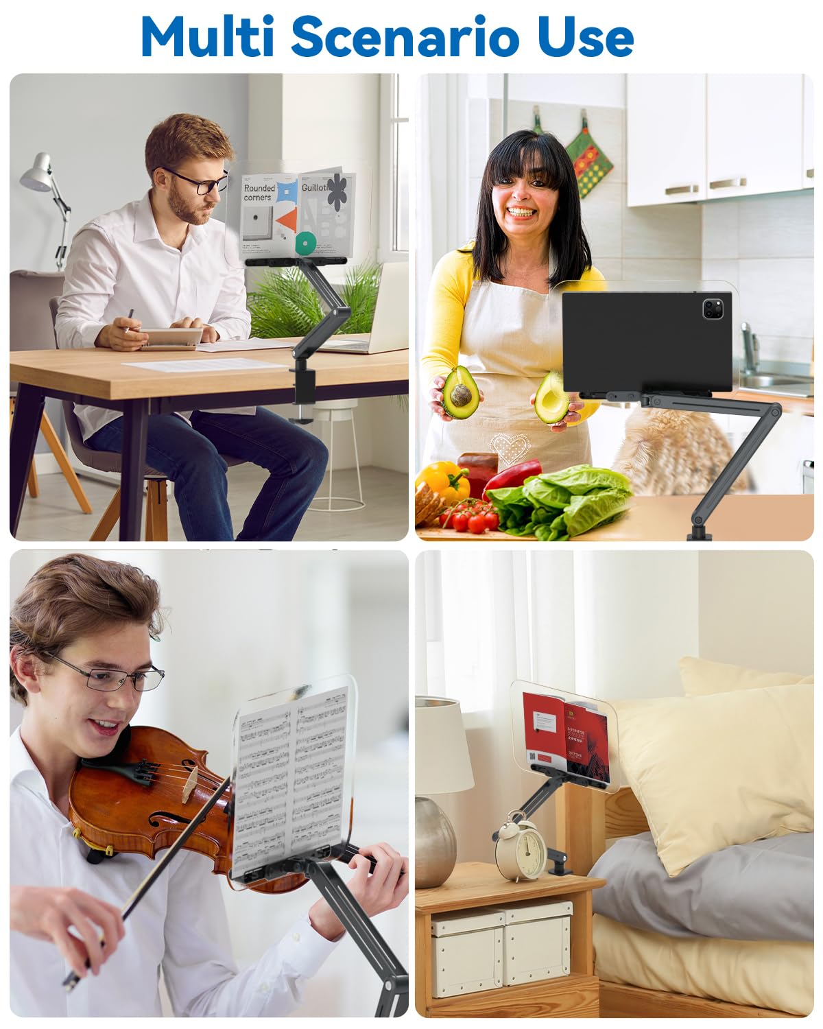 YCNEW Desk Clamp Acrylic Book Stand for Reading, Ergonomic Design Adjustable Height up to 20 inches with Rotating Bases Cookbook Stand, Suitable for Recipe, Sheet Music, Tablet(Gray)