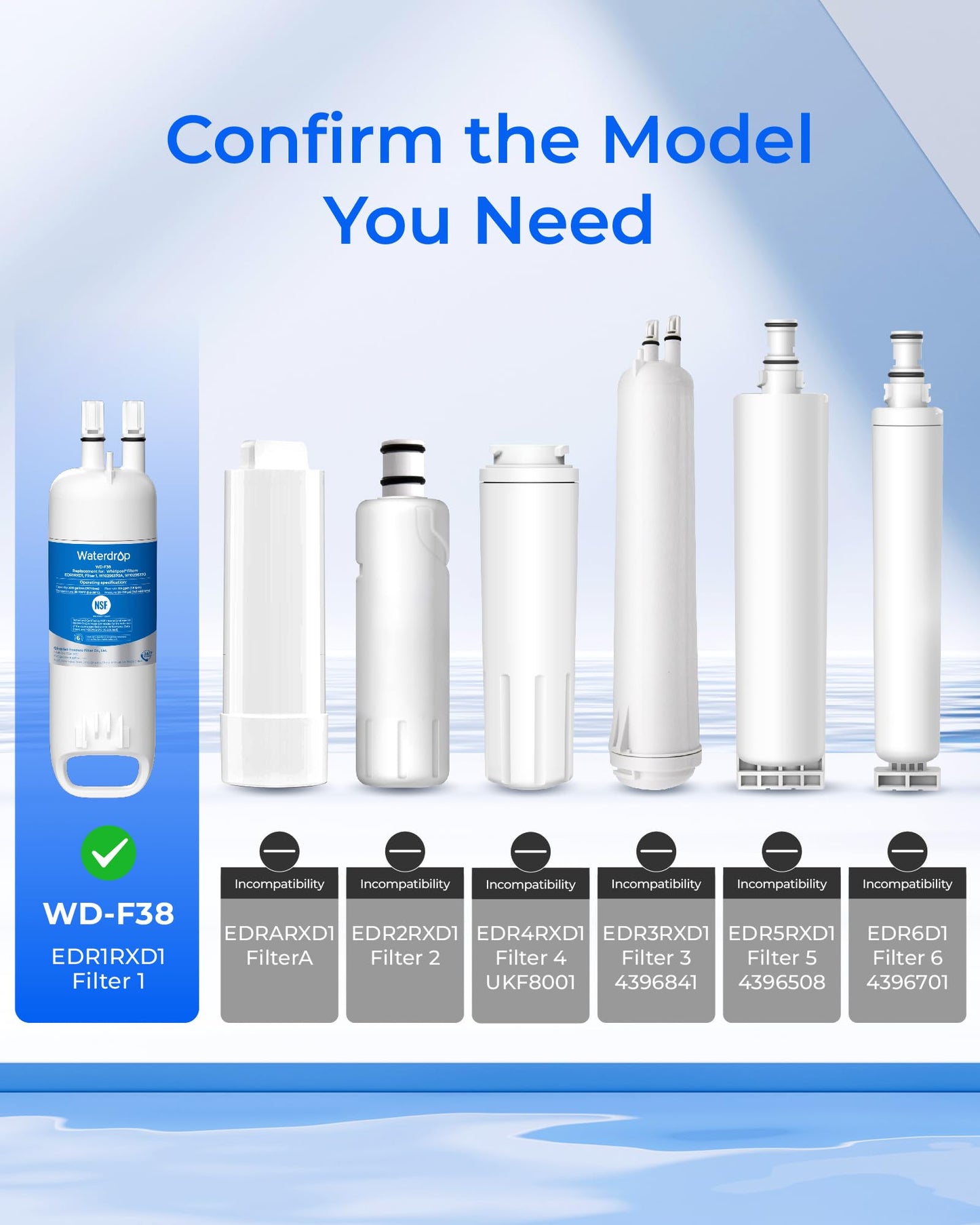 Waterdrop EDR1RXD1 Replacement for Filter 1, W10295370A, EDR1RXD1B, P8RFWB2L, P4RFWB, WD-F38, Refrigerator Water Filter, 4 Pack