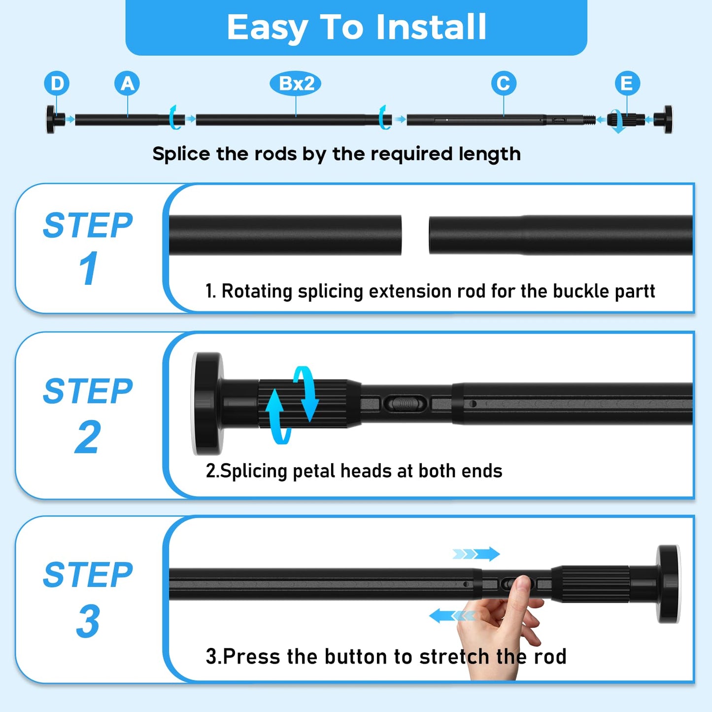 AIZESI 41-144 Inch Heavy Duty Black Tension Curtain Rod - No Drilling, Adjustable, Rust-Resistant for Outdoor, Living Room, Window, Bathroom