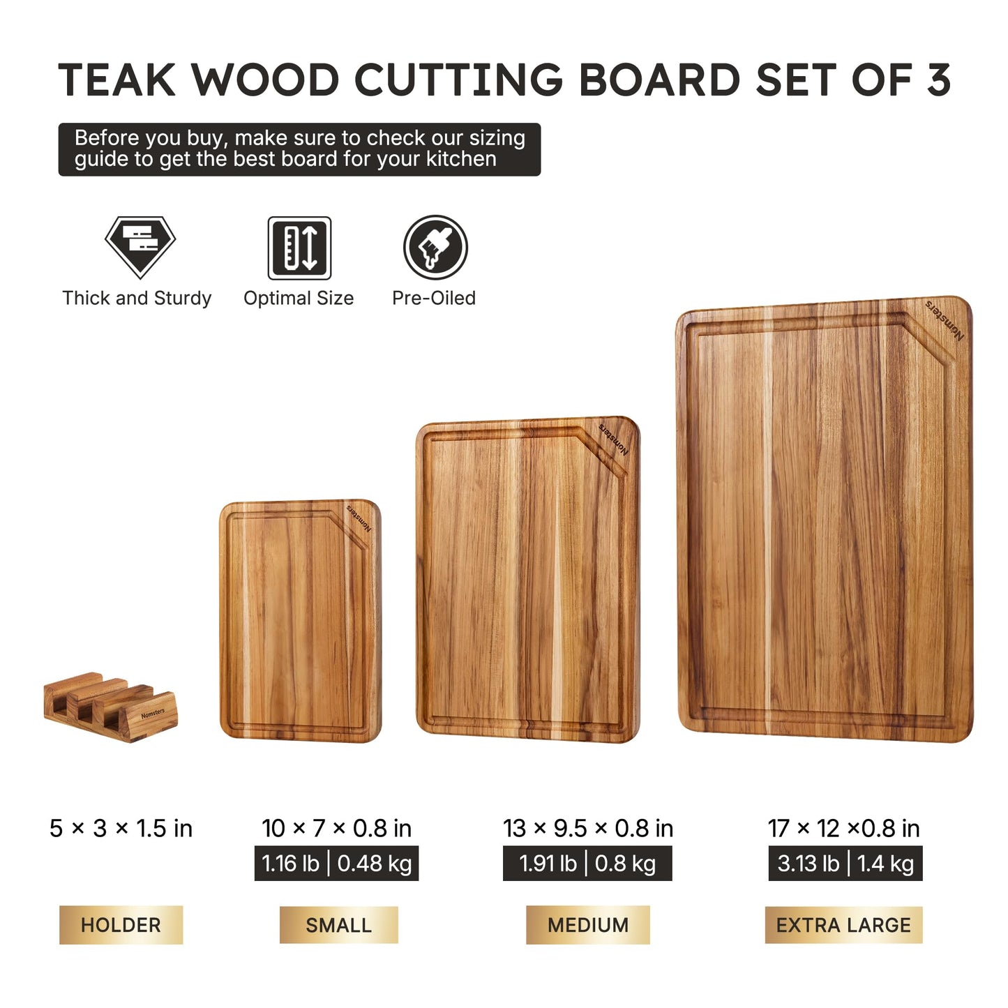 3 Pack Teak Wood Cutting Board Set for Kitchen Charcuterie Board Serving Heavy Duty Non Toxic Slip Hardwood Over Sink Solid Thick Haus Wooden Chopping Board Large Big Small Meat Best Essential Gift
