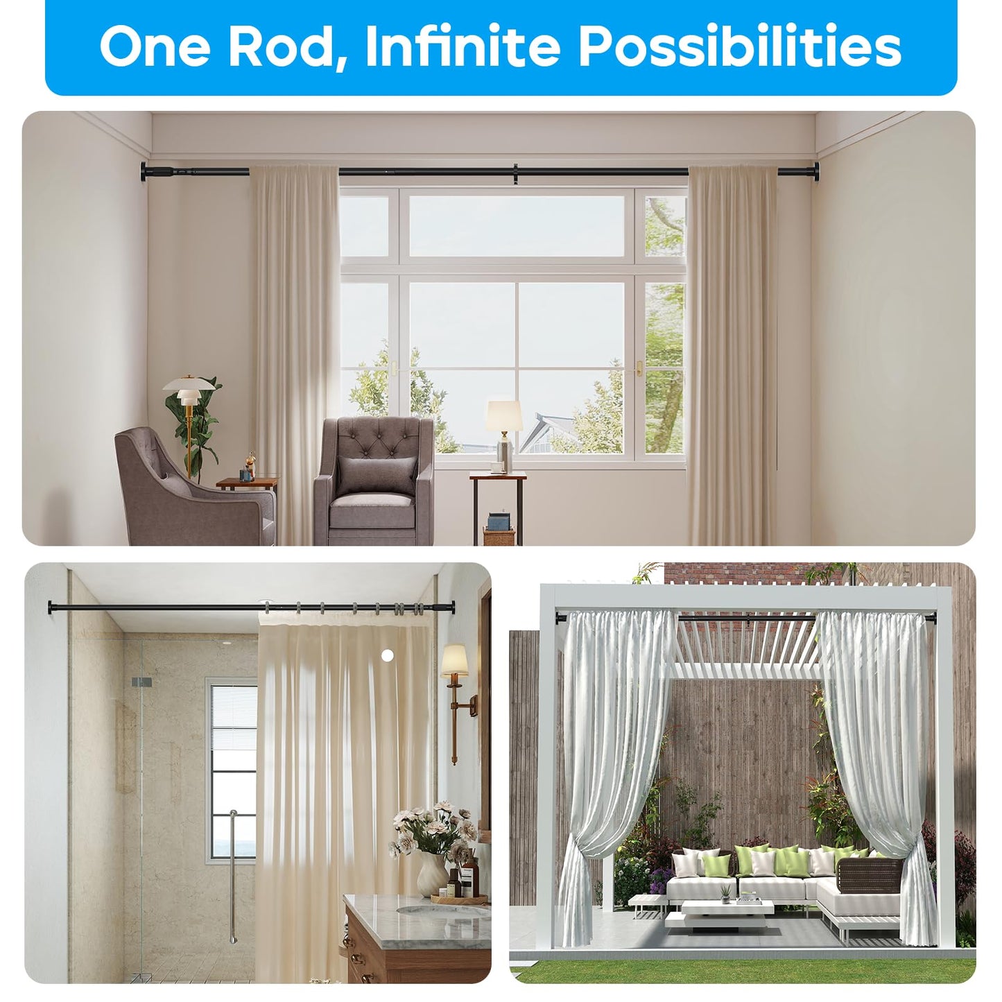 ZipGlo Tension Curtain Rod Black Shower Rod 40-166IN Extra Long Curtain Rods No Drilling Adjustable Tension Rods for Window Shower or Bathroom Outdoor Patio Diameter 1.26In