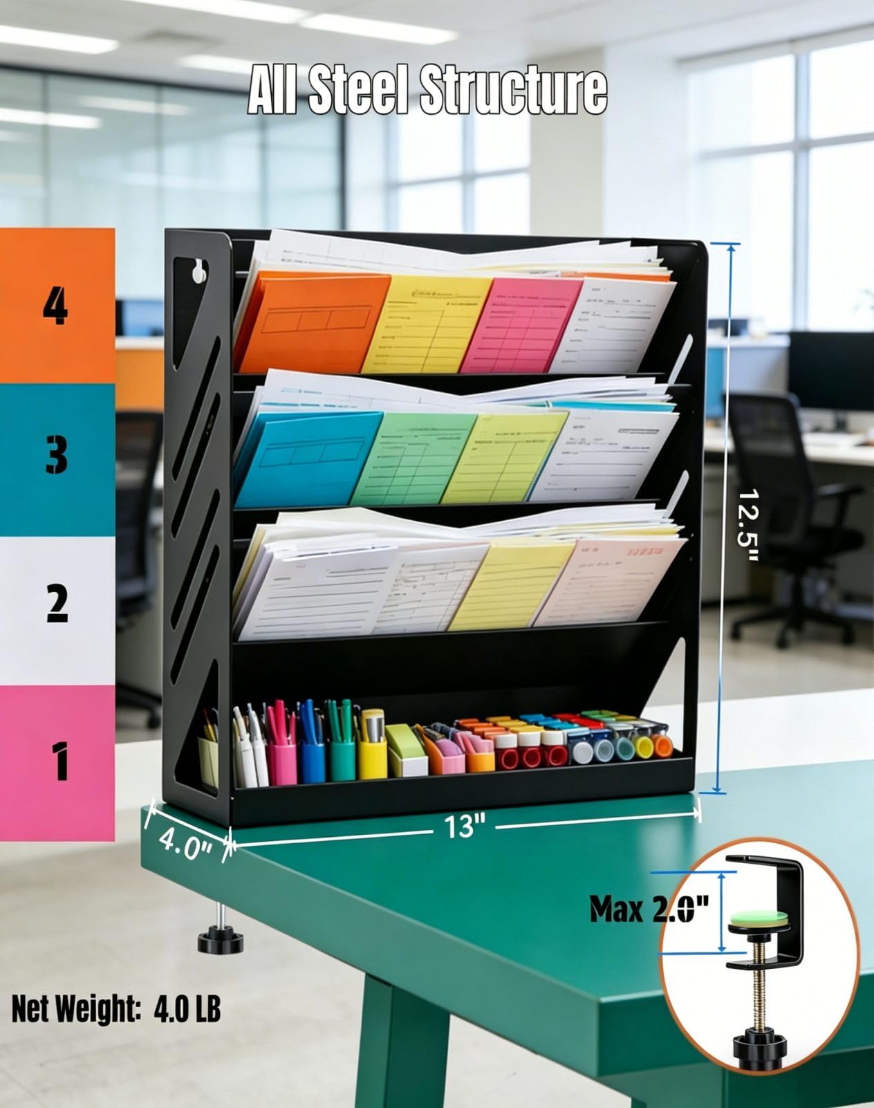 Yuxh 13 Inch Mail Organizer 4 Tier Bill Holder Metal Paper Tray Organizer with Bottom Tray for Clamp on Desktop or Wall Mounting