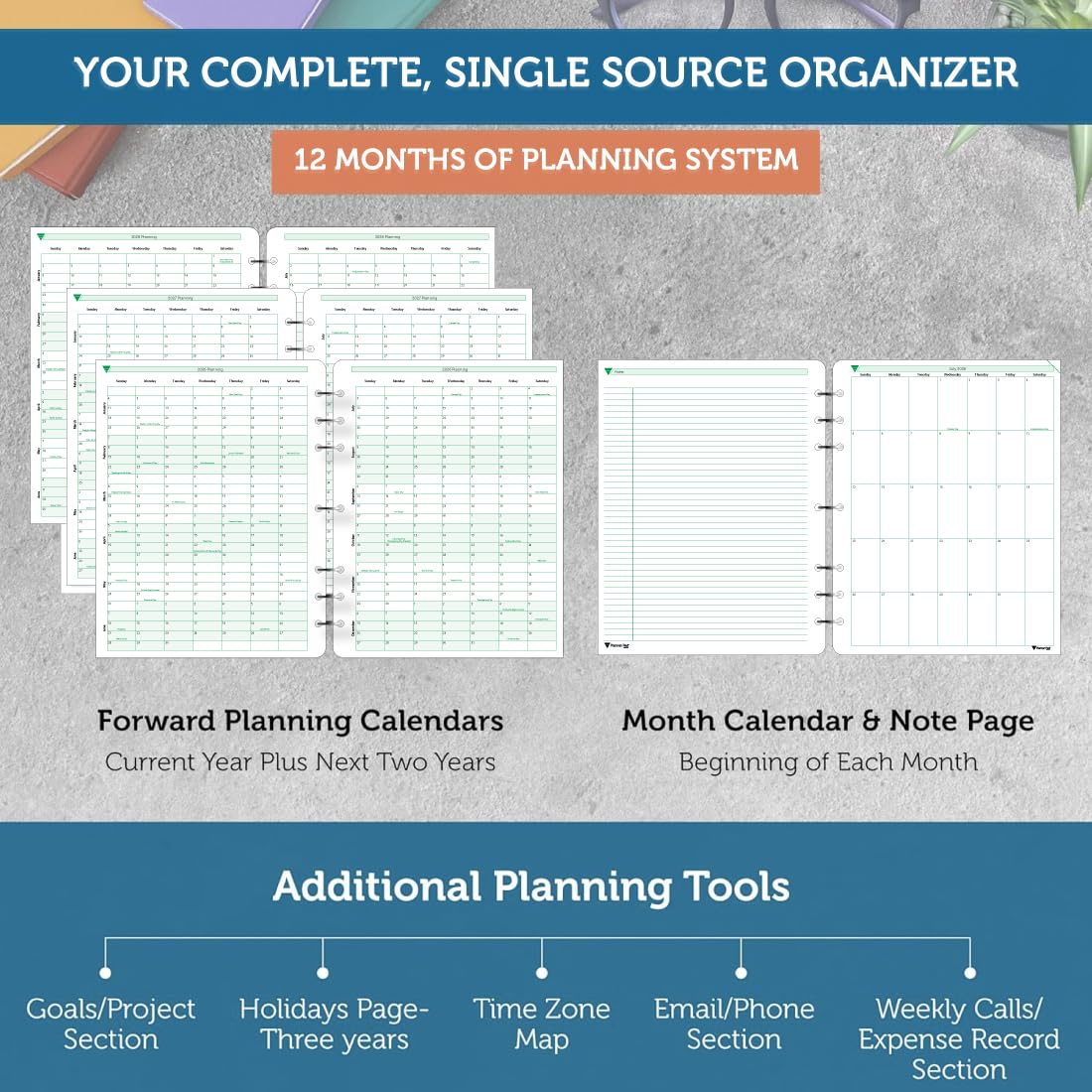 Planner Pad 7 Hole Loose Leaf July 2026 – June 2027 / Academic Year 8 1/2" x 11” 3-Tier Funnel Down 12 Month Large Size Organizer, Soft Green Ink
