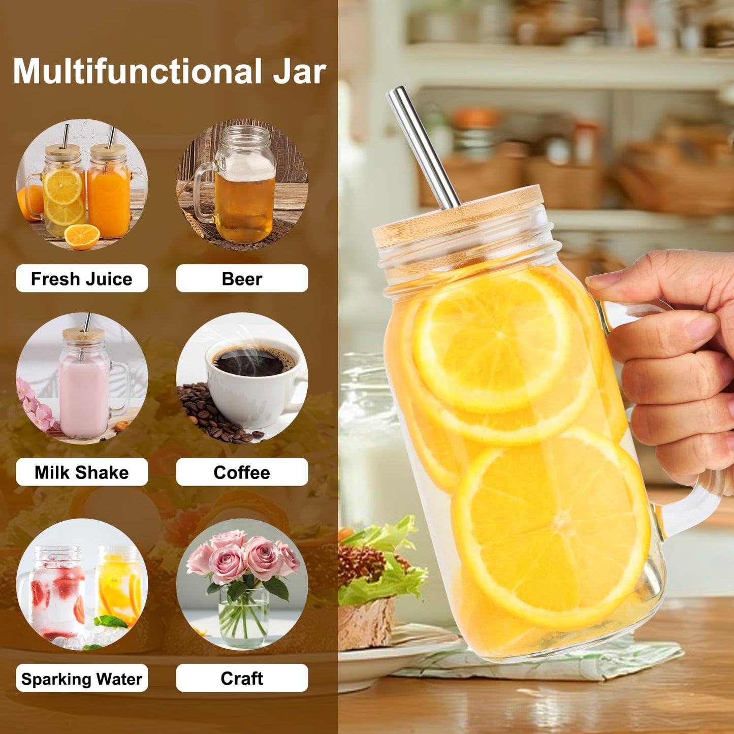 LOSANJI 24 oz Mason Jar Cups with Handles, Wide Mouth Iced Coffee Cup with Bamboo Lids & Straws, Large Glass Bottle Mug Drinking Jars Tumbler for Smoothie Cold Water Juice Party Beverages, Set of 4
