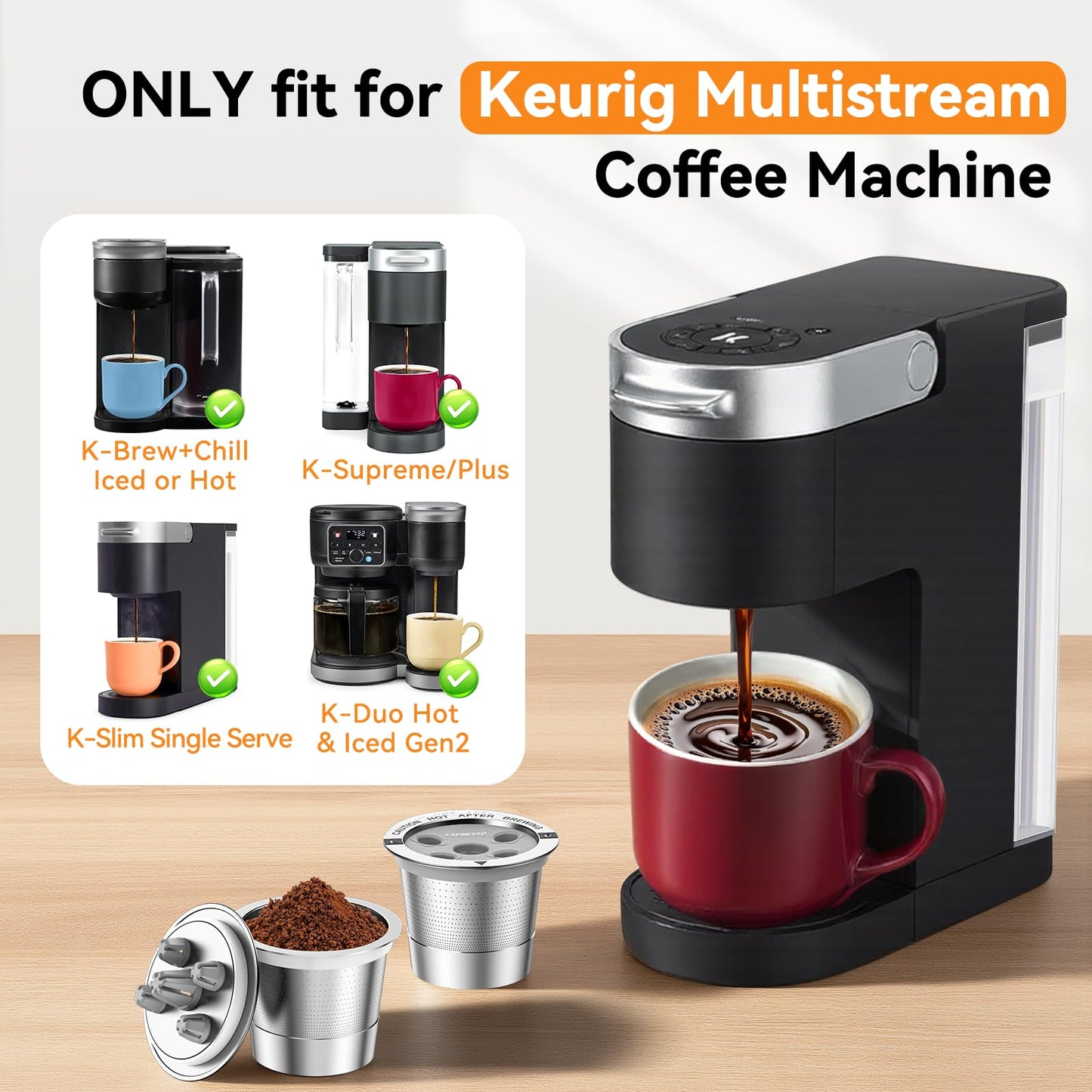 CAPMESSO Reusable K Cups for Keurig: 2025 Updated My K Cup Stainless Steel Coffee Pod Refillable Coffee Filters for K Supreme/K Slim/k-Duo Gen 2/K-Brew Chill with Multistream Technology (4 Pack)