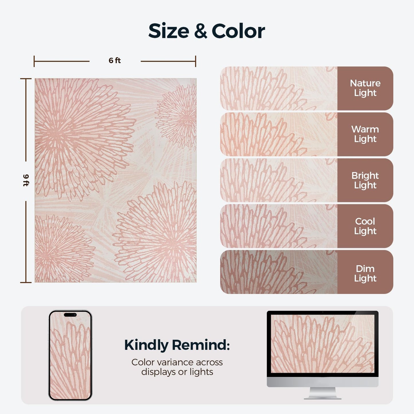 Pink Rugs for Bedroom Girls: 6x9 Modern Large Washable Soft Cute Boho Floral Pattern Area Rug Neutral Indoor Floor Non-Slip Carpet for Living Room Dining Nursery Kids Playroom Baby Room House Decor