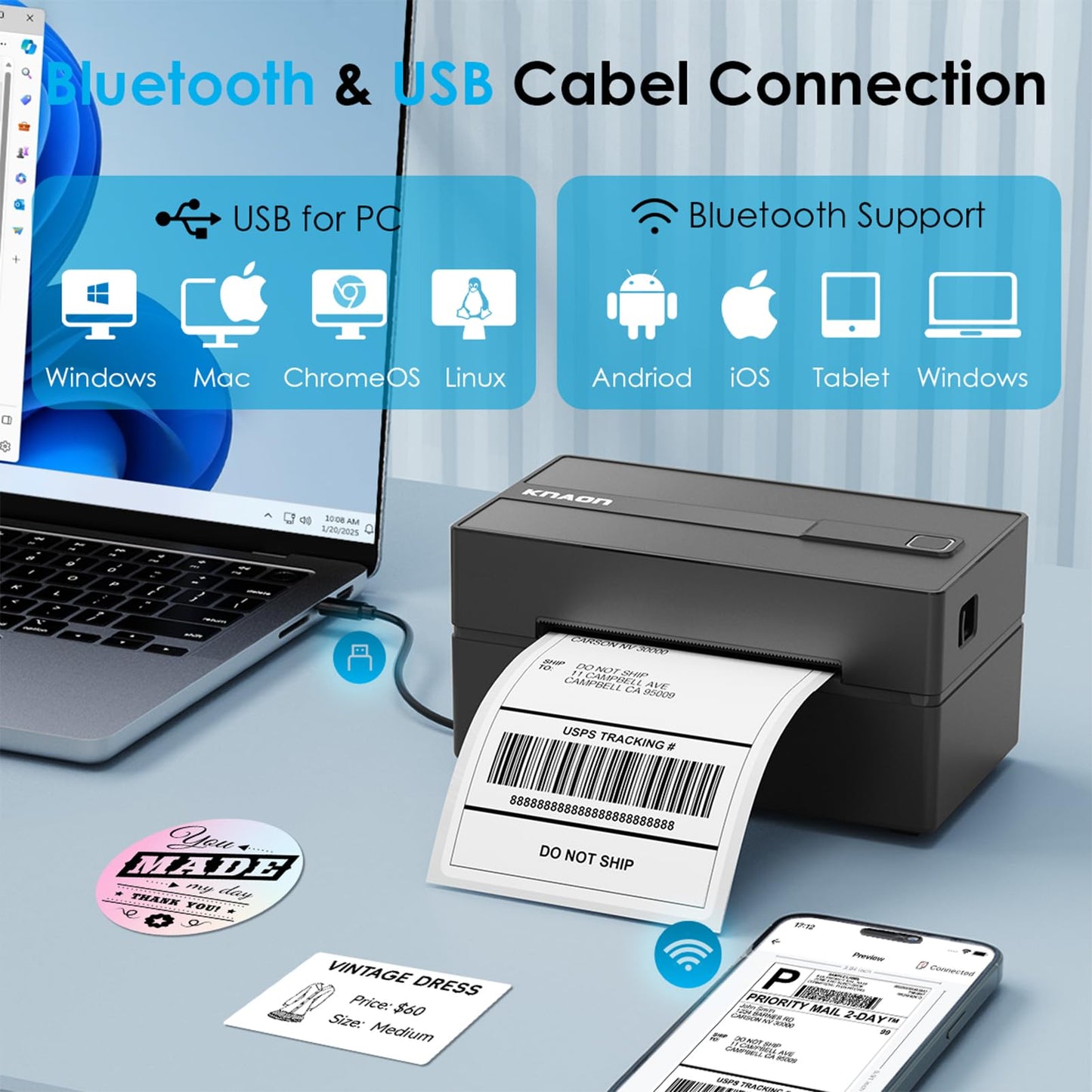 KNAON Bluetooth Thermal Shipping Label Printer, 4x6 Portable Thermal Address Label Printer for Small Business, Compatible with iPhone,Android,Windows,Mac,–Works with Etsy Shopify USPS&More, Black