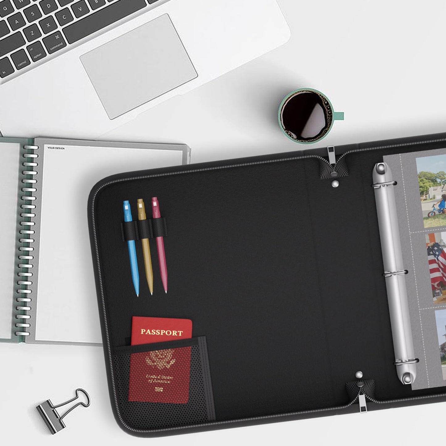 ZOOPIP Fireproof 3 Ring Binder with Zipper, 1.5 Inch D Rings Hold up 375 Sheets of 8.5" x 11" (A4), Compatible with Clear Page Protectors, Built-in net and Pen Holder (2 Pcs, Black, 1.5")