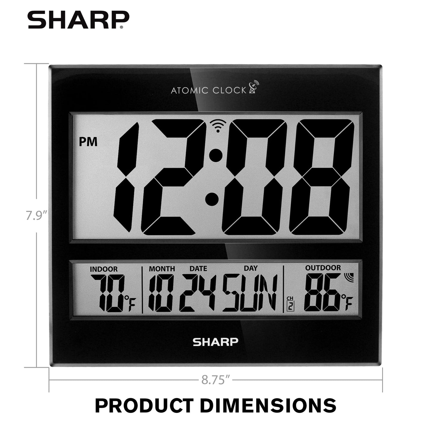 Sharp Atomic Clock – Never Needs Setting, Jumbo 3” Easy-Read Display, Indoor & Outdoor Temperature with Wireless Sensor, Large Digital Wall or Desk Clock, Battery Operated, Auto Atomic Time Sync