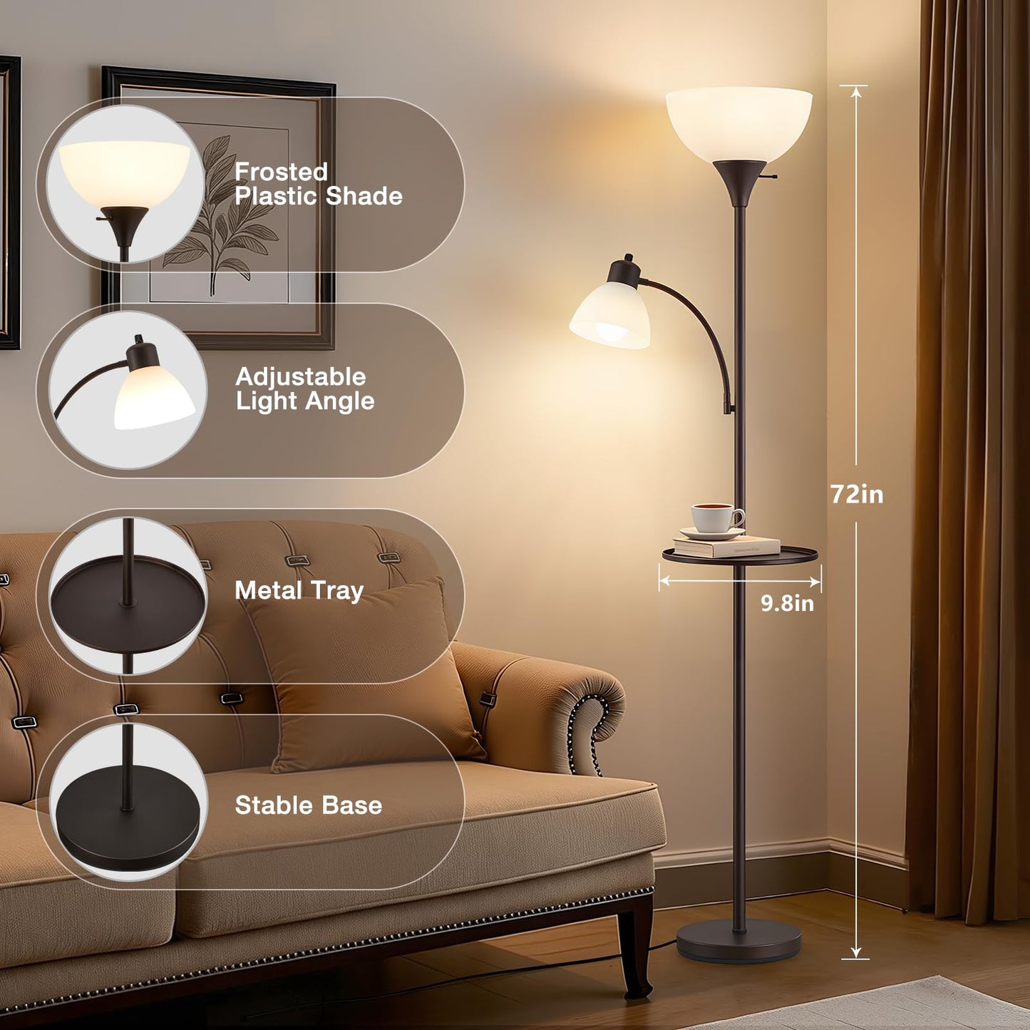 Luvkczc 72" Floor Lamp with Table, Adjustable Reading Lights, Modern Torchiere Floor Lamps for Living Room, Bedroom, Office, Brown【Bulb not Included】