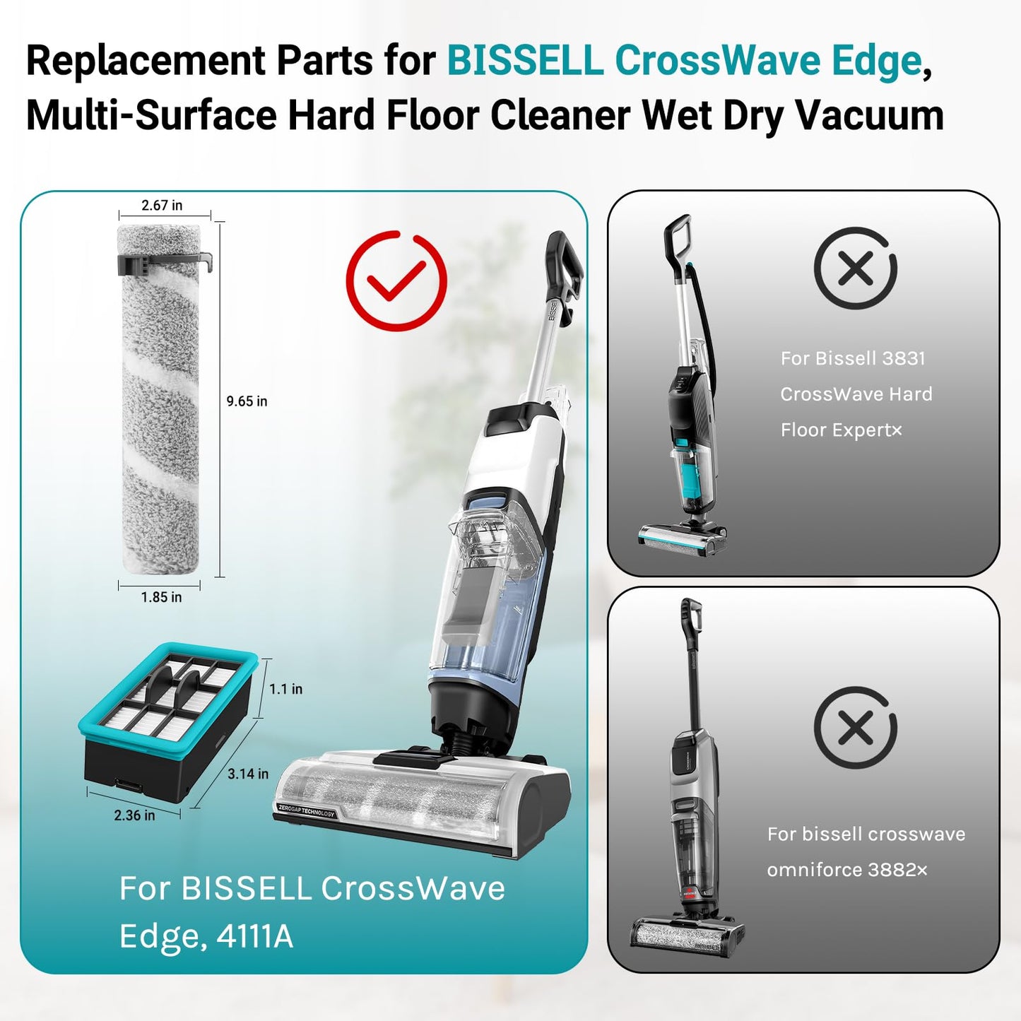 RONGJU 4111A Replacement Brushes and Filters for Bissell CrossWave Edge, Multi-Surface Hard Floor Cleaner Wet Dry Vacuum with Zero-Gap Edge Technology, 3 Pack Brushes and 3 Pack Filters