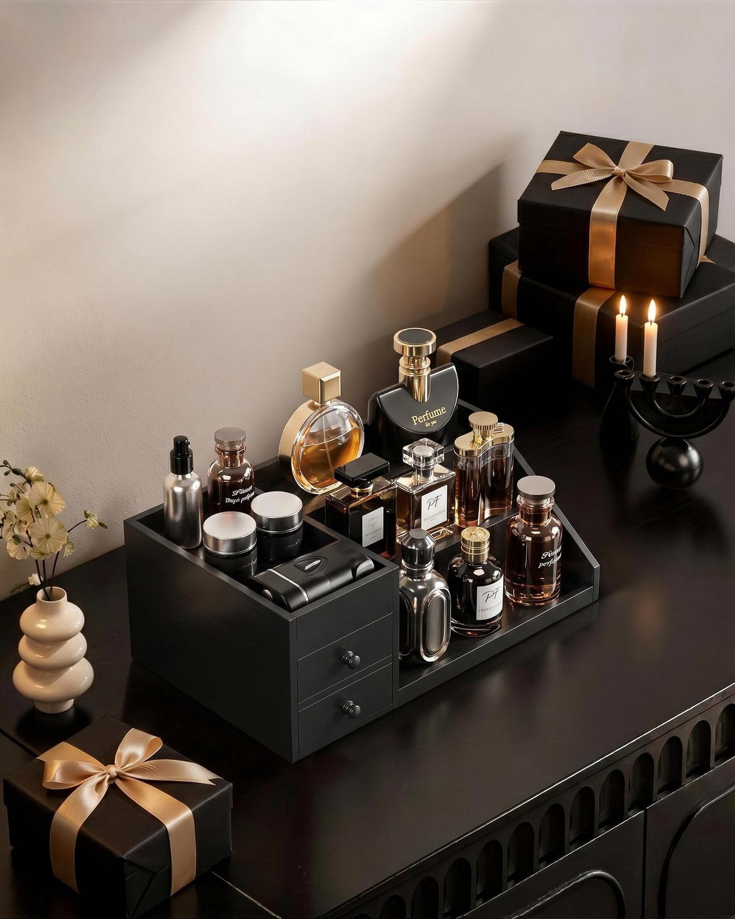 ProCase Wooden Cologne Organizer for Men, 3-Tier Elevated Wood Perfume Storage Display Shelf with Drawers, Dresser Storage Stand Riser for Fragrance Skin Care, Fathers Day Gift for Dad Husabnd-Black