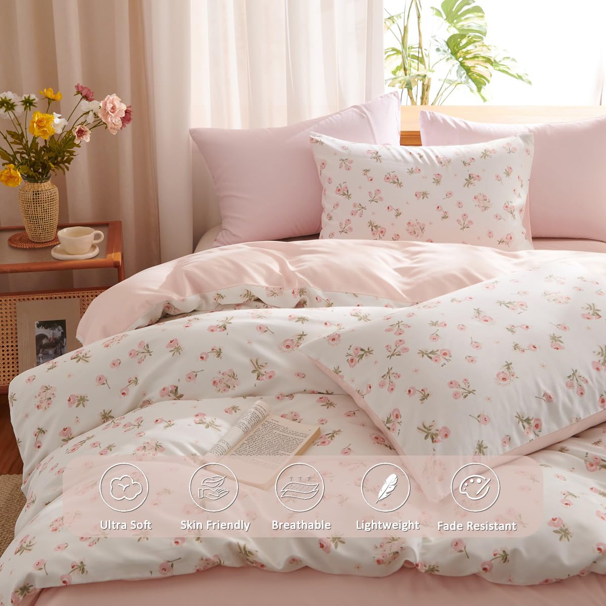 Erwinmu Floral Comforter Set Queen Size - 3 Pieces Pink White Floral Comforter Bedding Sets Reversible Pattern,Queen Bed in a Bag with Flowers Comforter and 2 Pillowcases