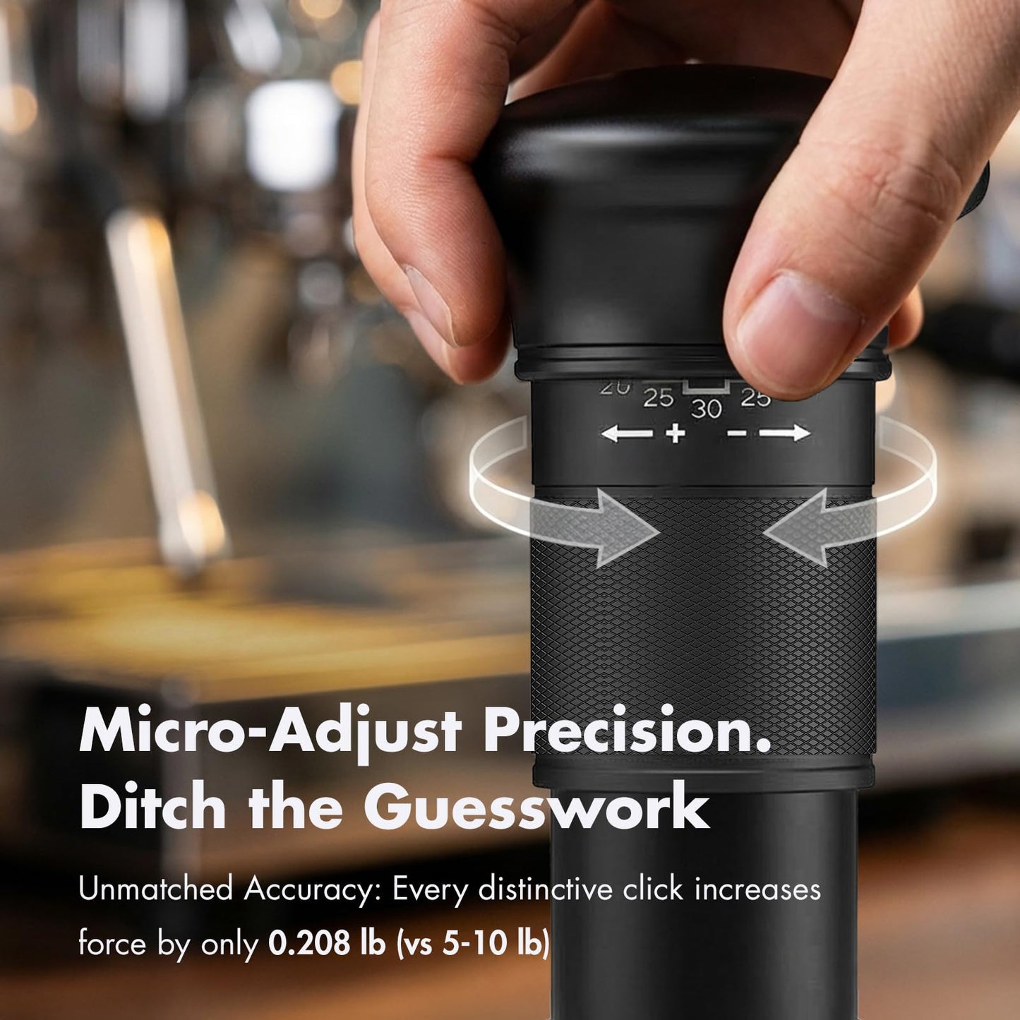 VEYLO 54mm Espresso Tamper (53.3mm Base), Adjustable 20-30 lb Coffee Tamper with Audible Click Feedback, 24-Click Precision Dial, 20/25/30 lb Marks, No Spring Swap, Stainless Steel Flat Base, Black